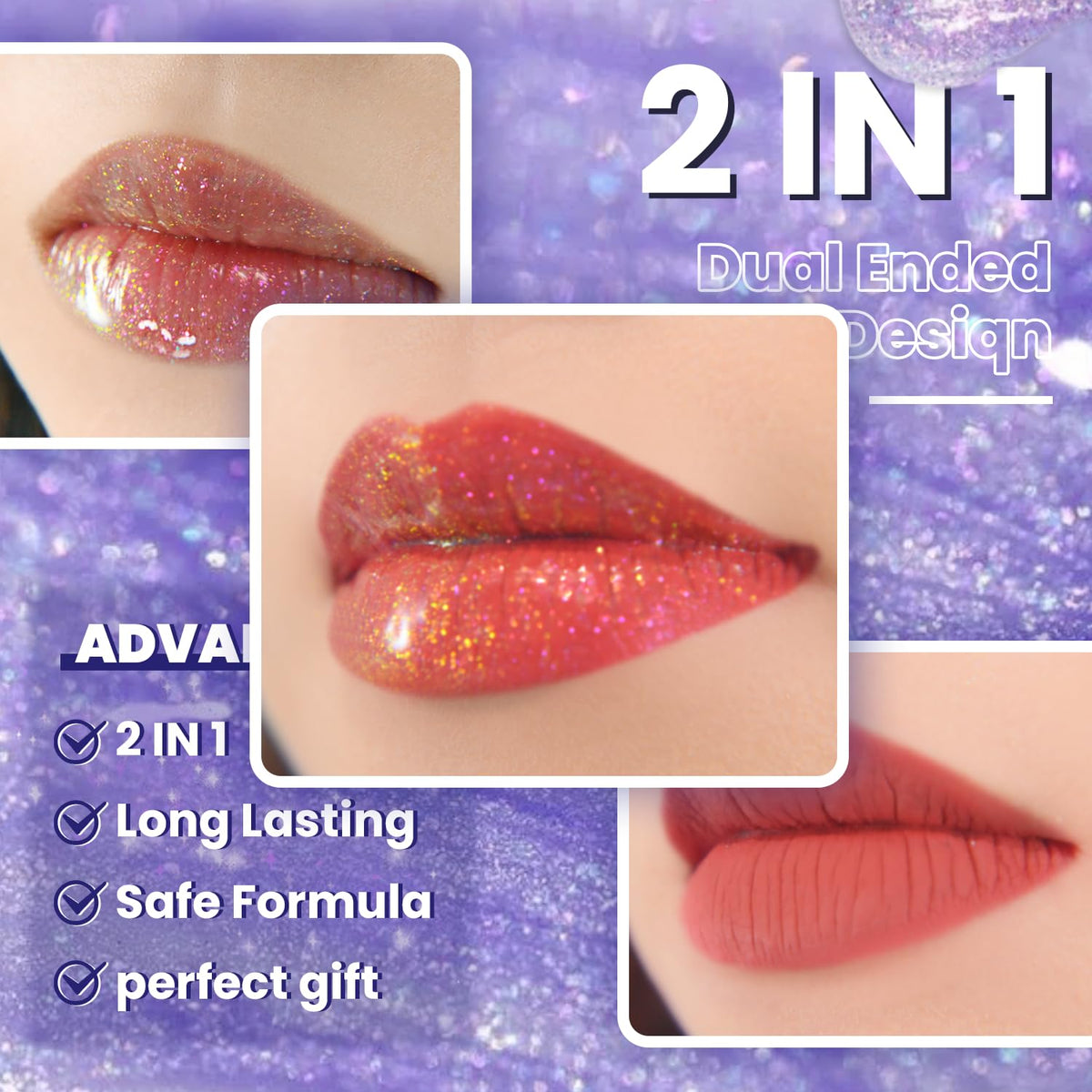 CHARMACY Multichrome Double Head Non-Stick Lip Gloss, Metallic Colourful Lip Glaze, Anti-transfer, Long Lasting Waterproof Liquid Lipstick Makeup (#08)