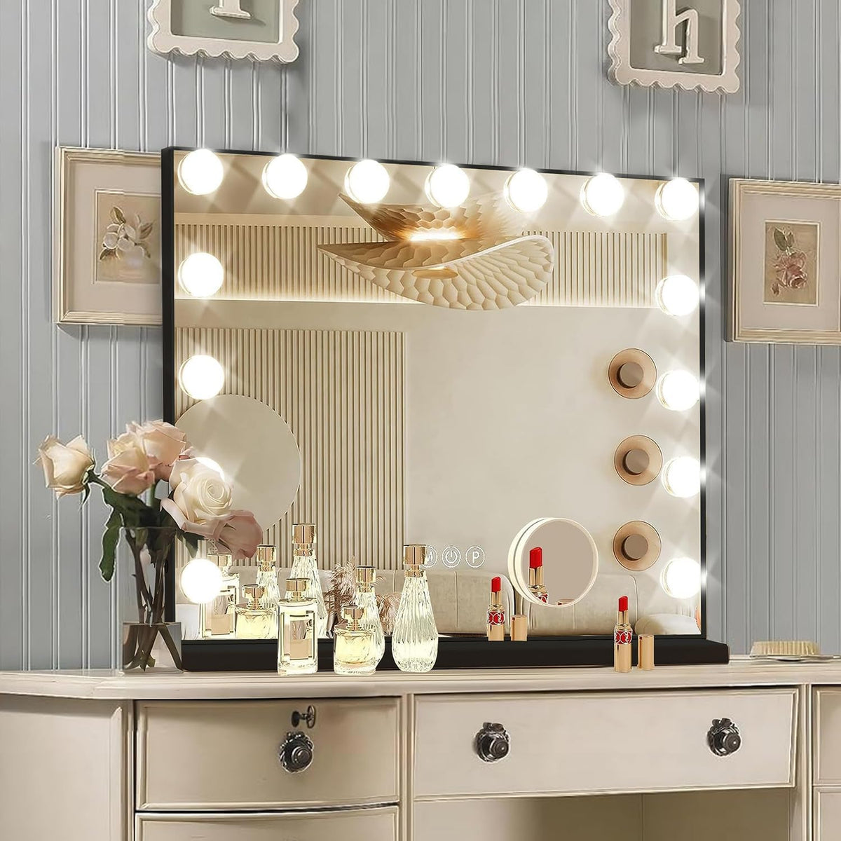 Black Hollywood Vanity Mirror with Lights, 15 Dimmable Bulbs, 3 Color Lights,Make Up Lighted Mirror, Aluminum Metal Frame, USB Charging Port（23" x 18"）