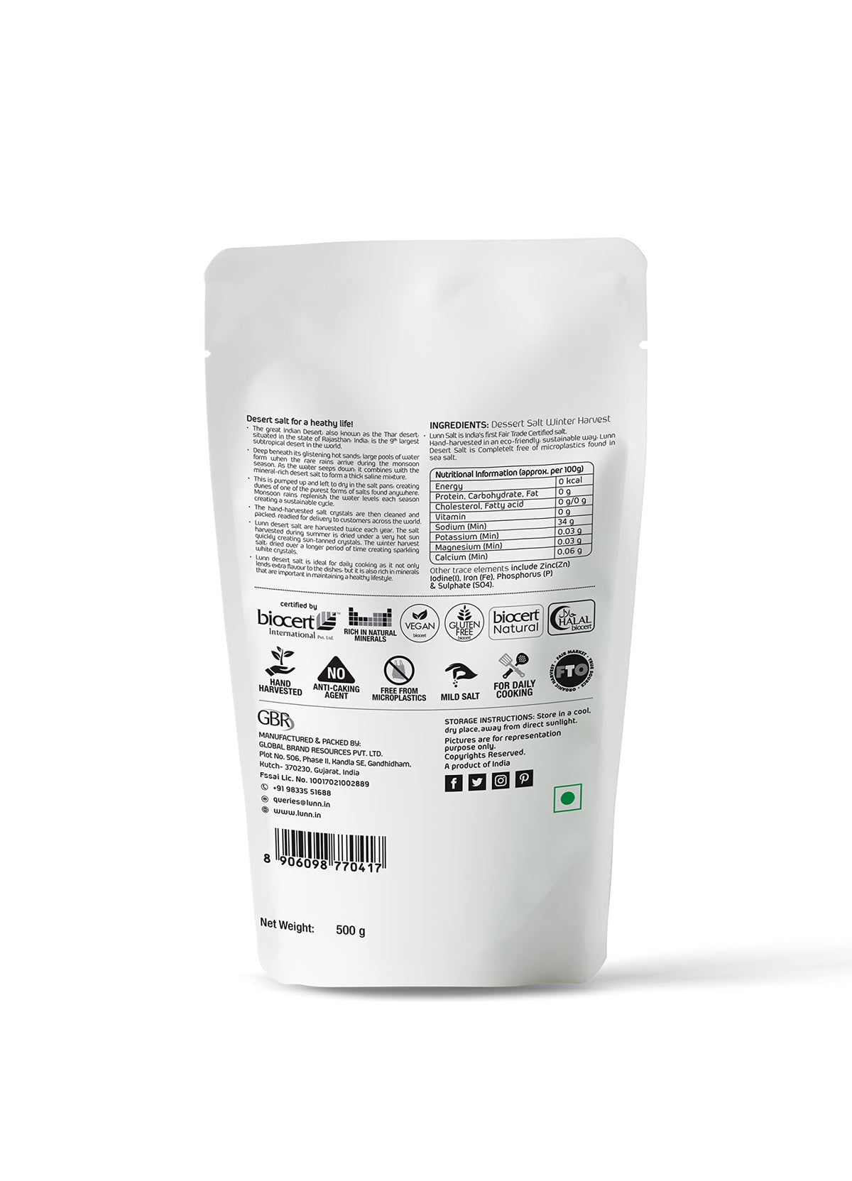 LUNN Natural Fine Grain Desert Salt | 17.63 Oz (500 Gm) | Specially Harvested in Summer.