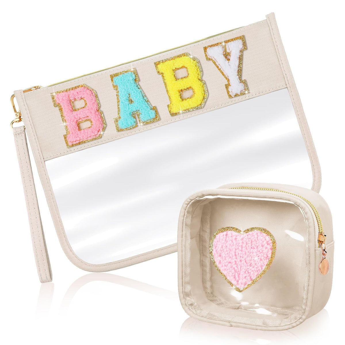 Hillban 2 Pcs Baby Bag Set Chenille Letter Bags Preppy Patch Makeup Pouch Baby Travel Pouch Waterproof Portable Toiletry Storage for Women Mom