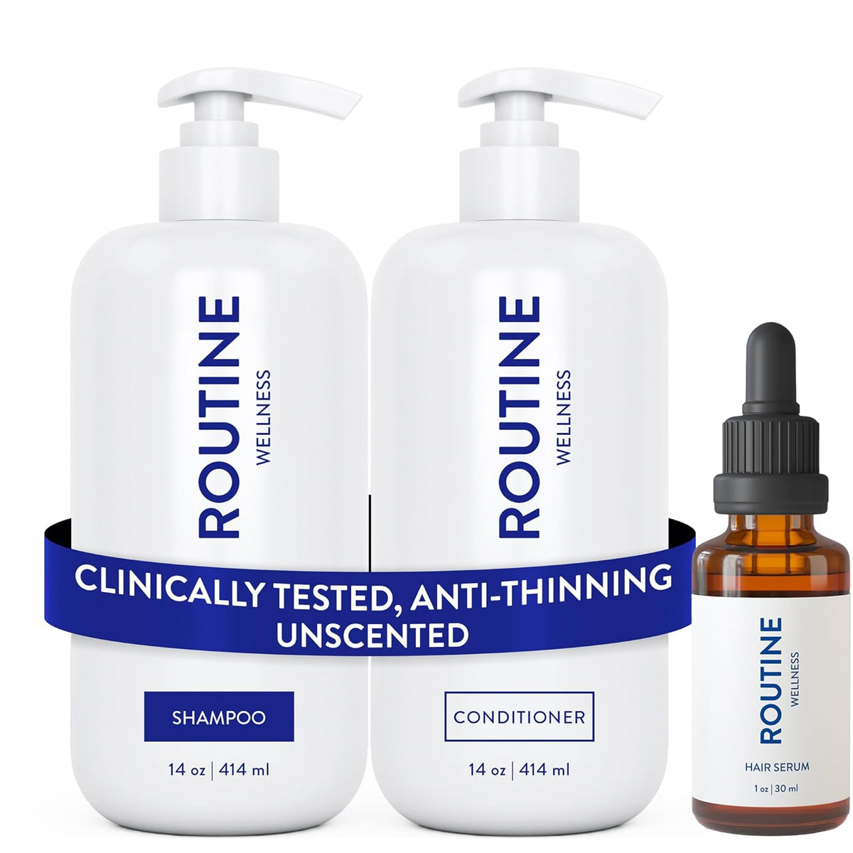 Routine Wellness Shampoo and Conditioner Set and Hair Serum for Thinning Hair - DHT Blocker Women & Men - Color Safe Shampoo for Hair Loss & Hair Growth - Unscented Set + Serum
