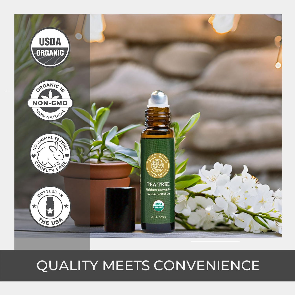Silk Road Organic Tea Tree Essential Oil Roll On, 100% Pure USDA Certified – Healthy Skin, Toenails, Feet, Body Odor - 10 ml Roller - Always Pure, Always Organic