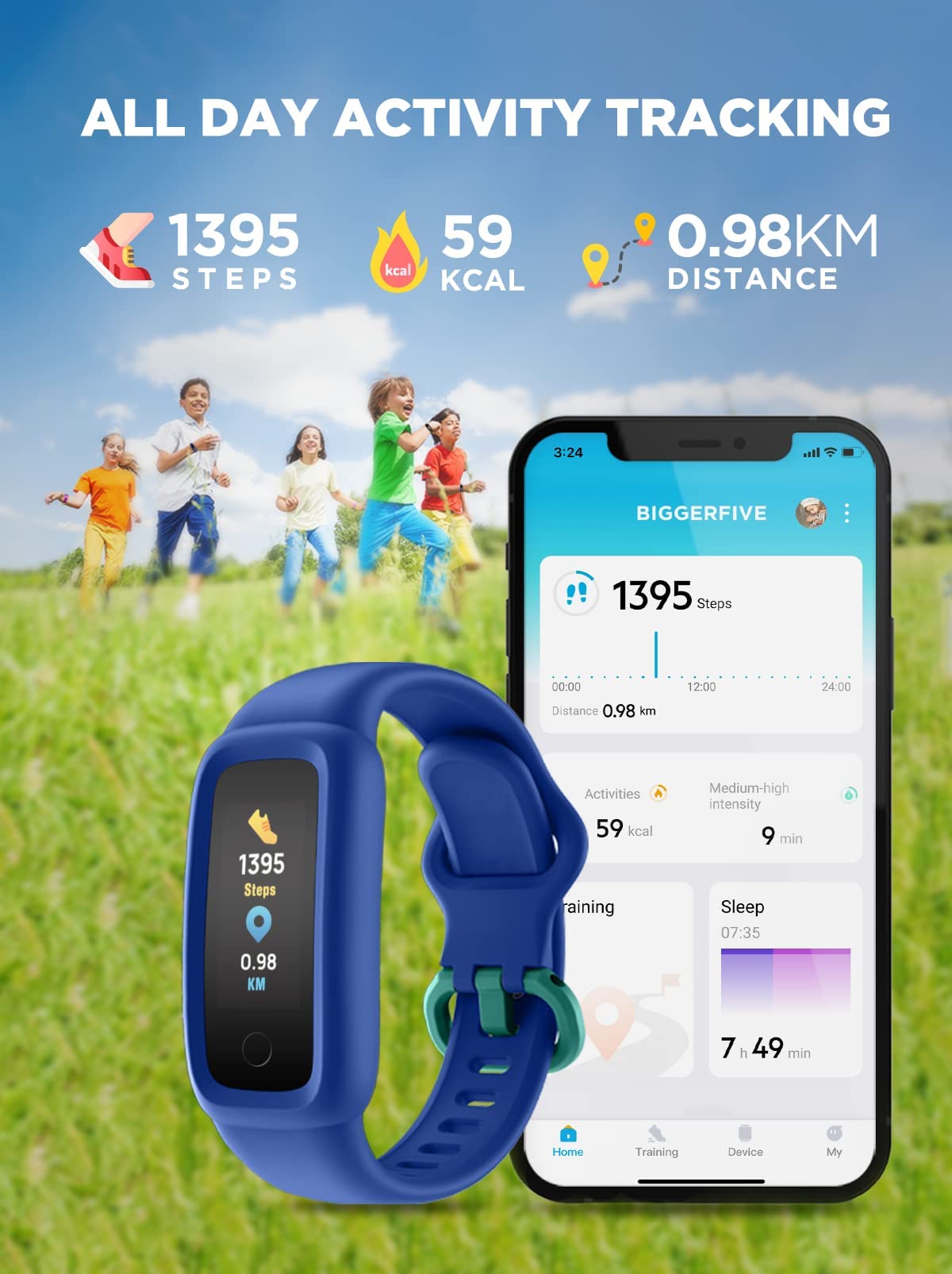 BIGGERFIVE Vigor 2 Kids Fitness Tracker Watch for Girls Boys Ages 5-12, IP68 Waterproof, Activity Tracker, Pedometer, Heart Rate Sleep Monitor, Calorie Step Counter Watch