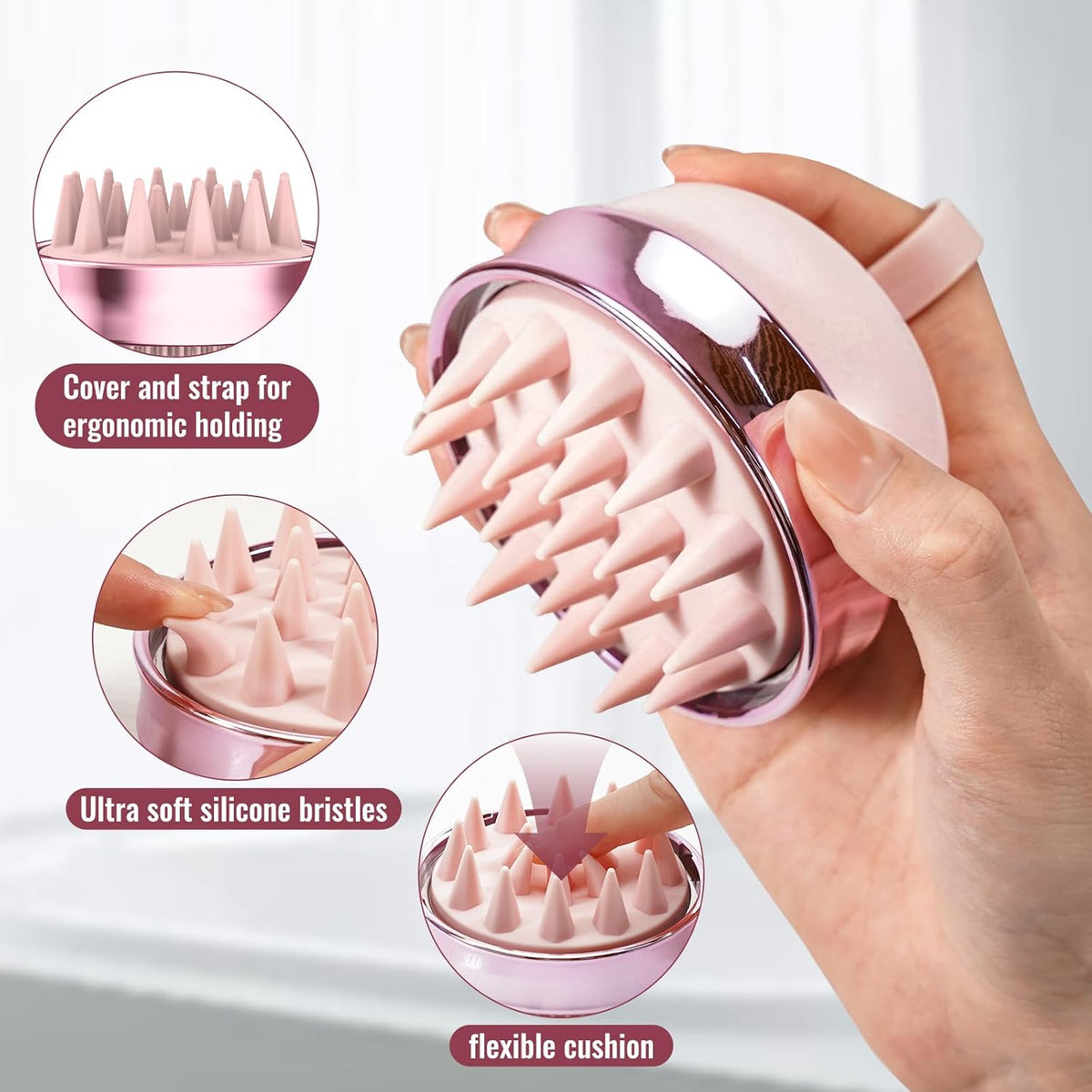 2 in 1 Scalp Massager Hair Growth,Scalp Scrubber with Soft Silicone Bristles for Dandruff Removal,Shampoo Brush for Exfoliation,Head Massager for Both Wet and Dry Use (Pink)