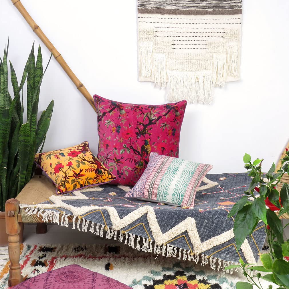 Eyes of India 20x20 inch Burgundy Red Velvet Floral Flower Bird Throw Pillow Sofa Cushion Cover Case Couch Colorful Boho Chic Bohemian Accent Indian Handmade Cover Only