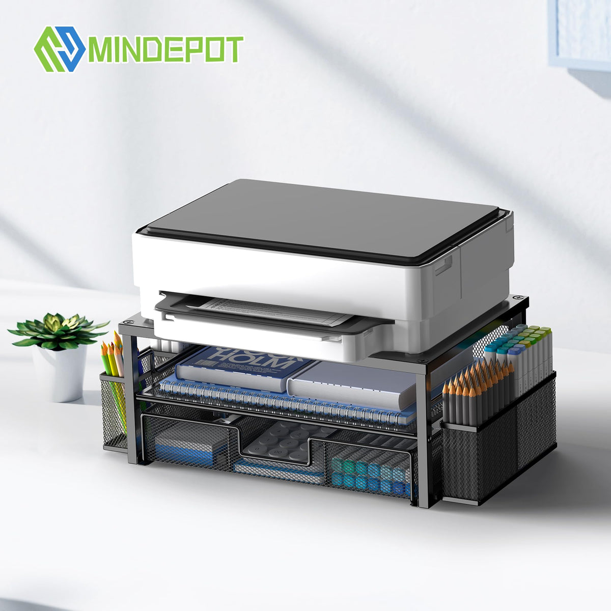 MINDEPOT 2 Tier Computer Monitor Stands with Drawer and 2 Pencil Holder, Metal Monitor Stand, Office Desk Accessories Workspace Desktop Organizers for Office Supplies, Black