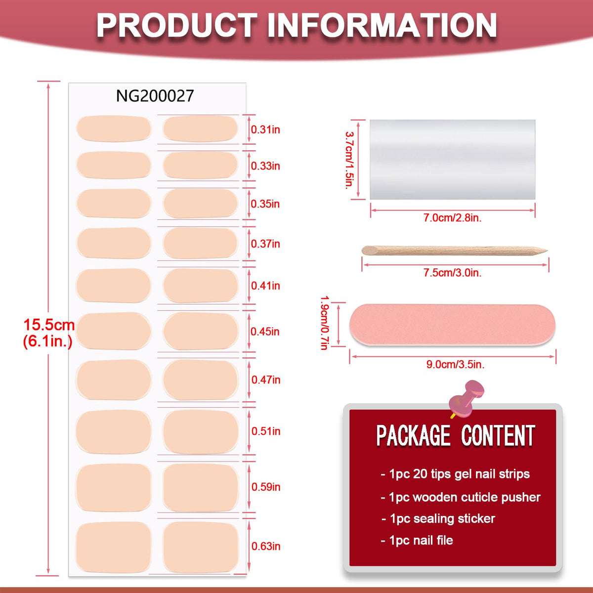 WOKOTO 20 Pcs Bisque Semi Cured Gel Nail Polish Strips With Nail File & Wooden Stick Holographic Gel Nail Strips UV Gel Nail Stickers Full Nail Wraps Stick On Nail Polish Stickers For Women