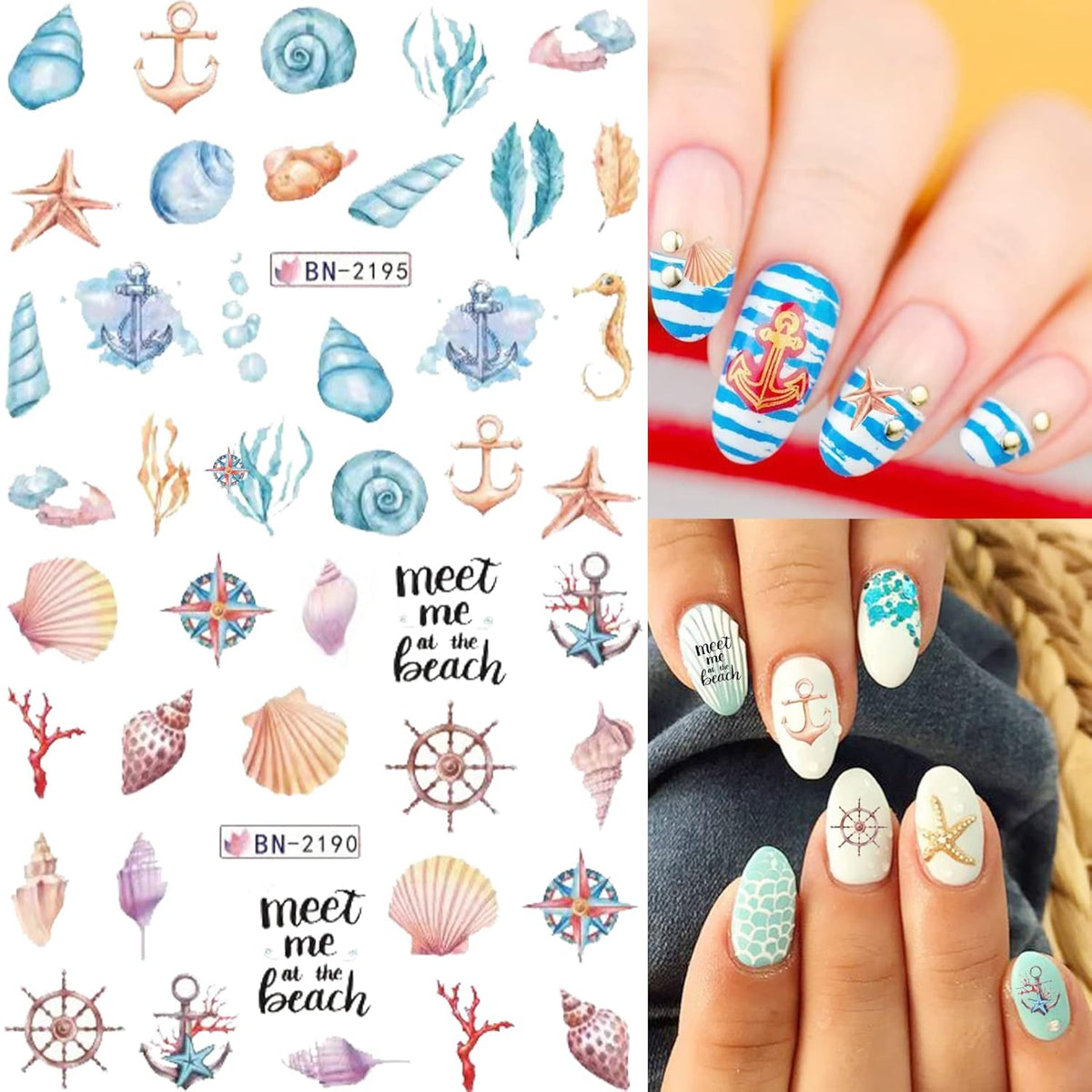 36 Sheets Summer Nail Art Stickers, Ocean Anchor Water Transfer Nail Decals, Shark Seashell Sea Turtle Design DIY Manicure Decorations for Girls Women