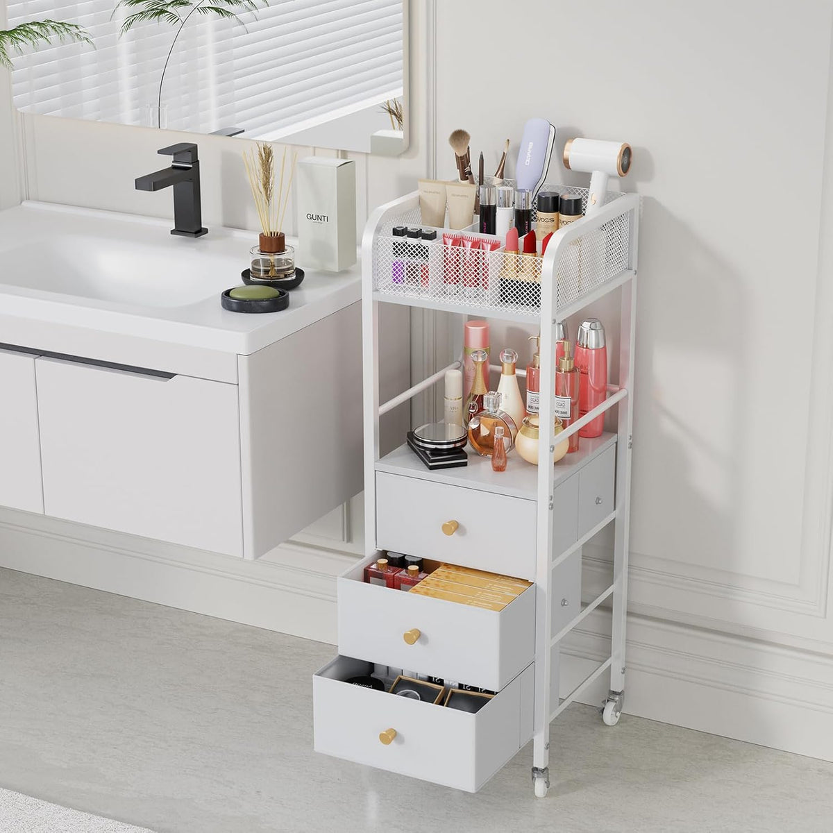 HapiRm Rolling Makeup Cart Organizer - Floor Skincare Make Up Storage with 3 Drawers, Vanity Organizer Cosmetic Display Cases Holder for Skin Care Perfume Nail Polish Brush Hair Tool, White