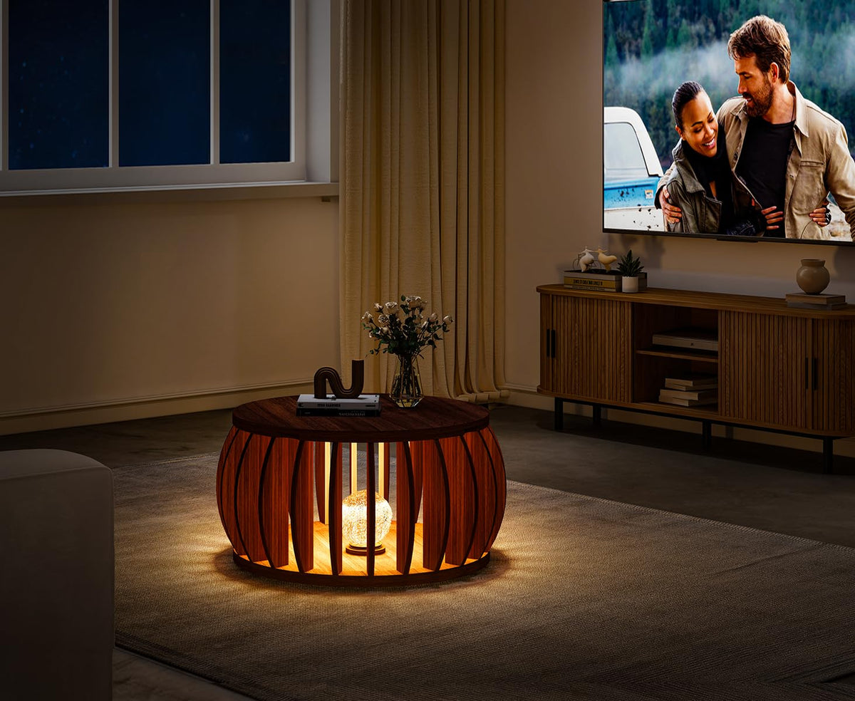 Bifins Drum Coffee Table with Storage,31.5” Wood Round Coffee Table,Farmhouse Pumpkin-Shaped Center Table for Living Room Home Office (Walnut)