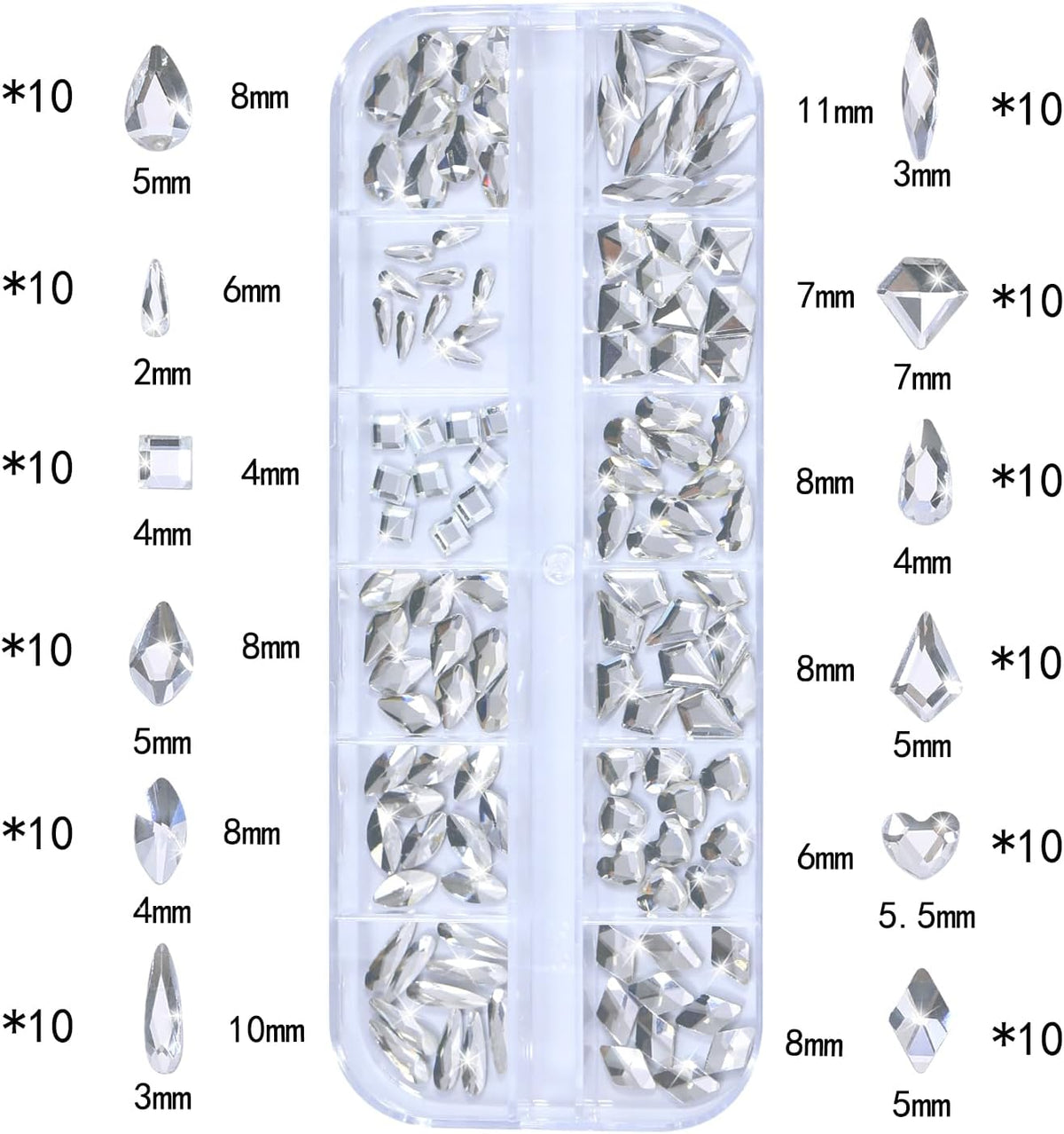 Nail Rhinestones - 3D Multi Shape Size, Flat Back, Manicure Rhinestones Charms, Crystals White Gems, with Kit, for Nail Art, Bedazzling Acrylic Nails, DIY Decor