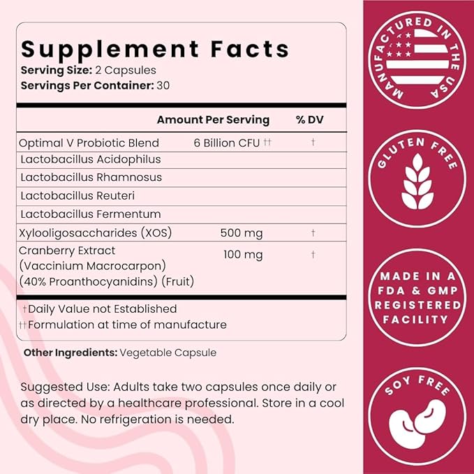 Optimal Prime Vaginal Probiotics for Women with Prebiotics, Cranberry Extract, and a Lactobacillus Probiotic Blend, Supports Healthy Vaginal Flora, Odor Control, pH Balance, 60 Capsules (Pack of 2)