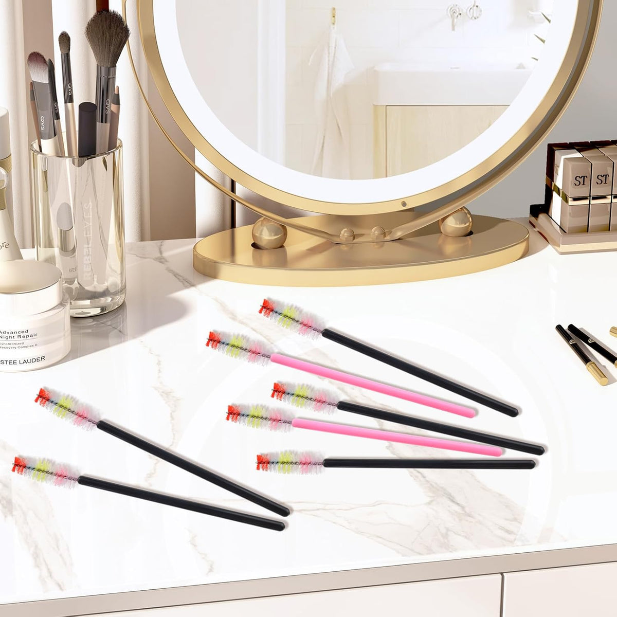 300PCS Disposable Mascara Wands Spoolie Makeup Kits, Eyelash Spoolies Brushes for Eyelash Extensions and Eyebrows (Rainbow Pink/Black)