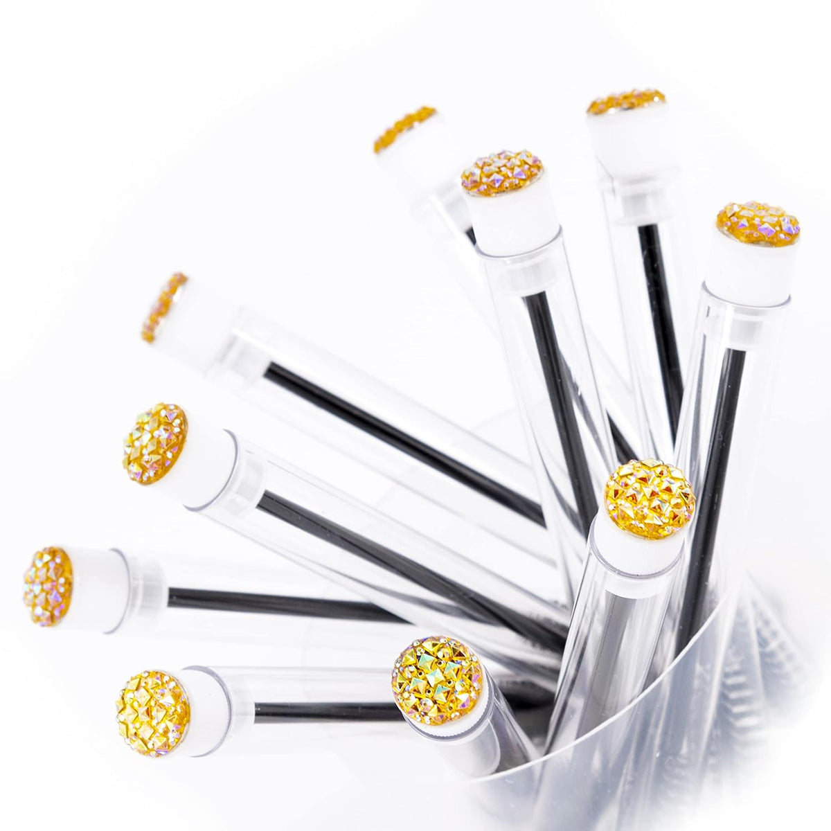 i-Laesh 10-Piece Disposable Mascara Wands with Tube - Diamond Spoolies for Eyelash & Eyebrow Makeup - Diamond Black Gold Color Lash Applicator Set