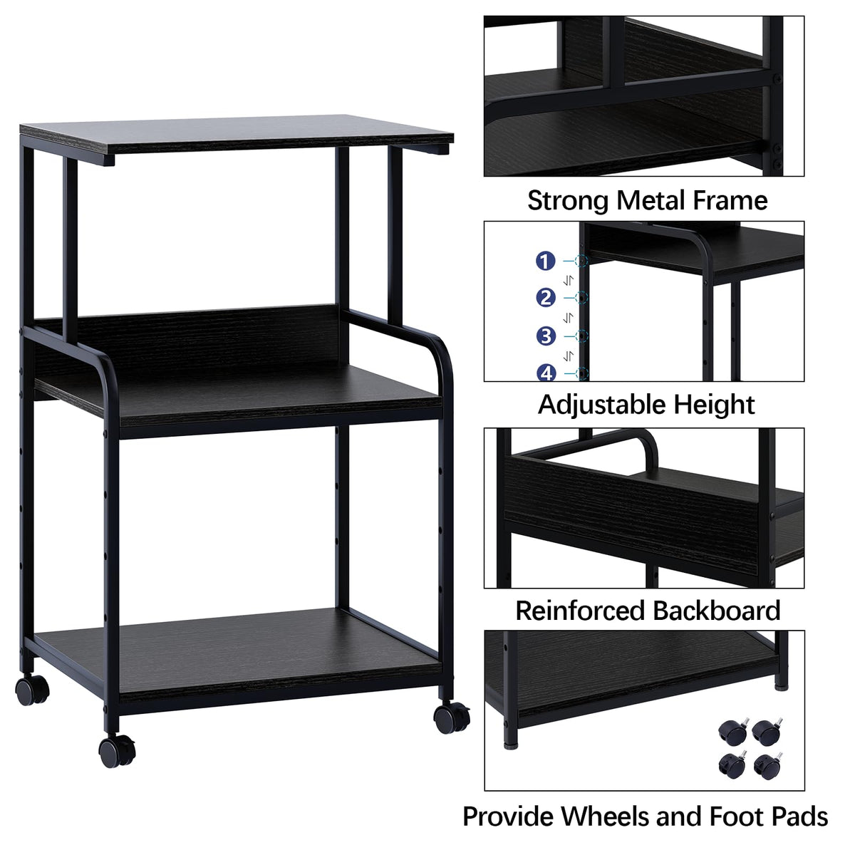 Arbuxzuy Printer Stand with Storage Shelf,3 Tier Printer Cart with Wheels,Mobile Printer Table for Home Office,Stands for Printer Heat Press Scanner Fax,Industrial Style (Black)