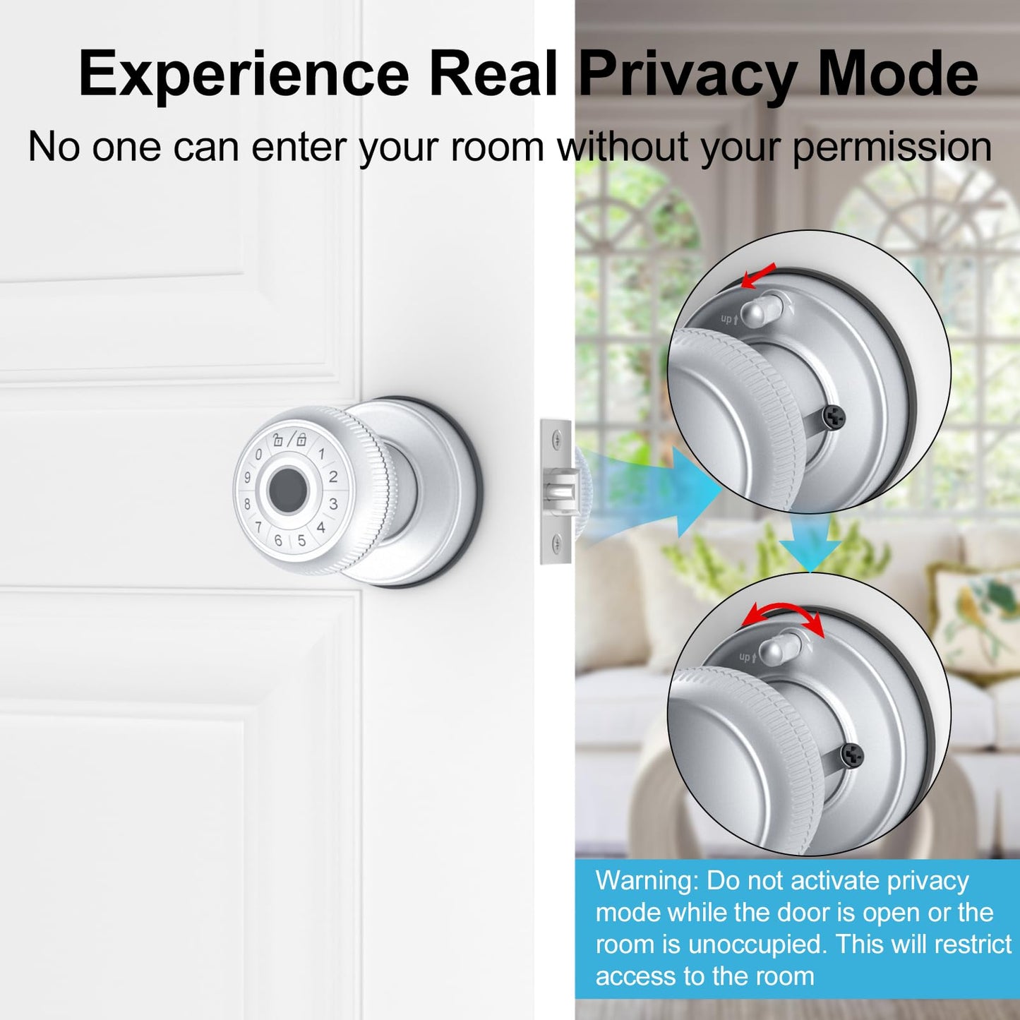 BIWIBON 4-in-1 Smart Door Knob, Fingerprint Door Knob with App Control, Smart Fingerprint Door Lock with Keypad, Real Privacy Mode, Auto Lock, Ideal for Home, Bedroom, Garages &Office, Silver,1 Pack