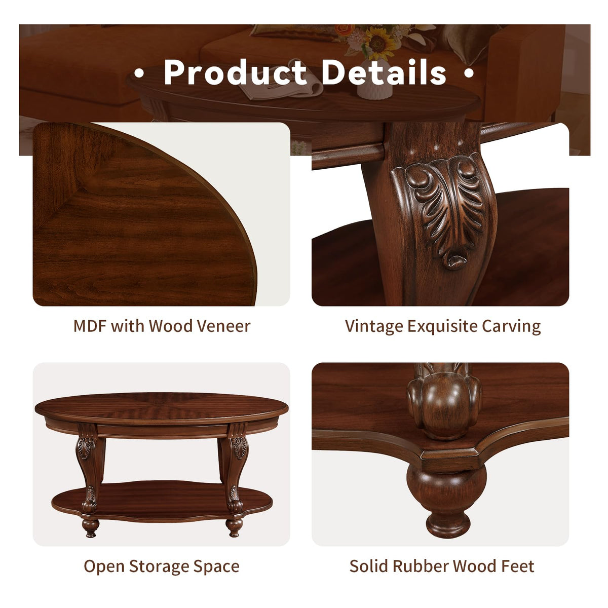 LKTART Oval Wood Coffee Tables for Living Room, Vintage Round Coffee Table with Carved Wood Legs, Tradition Elegant Coffee Table (Cherry, 42 Inch)