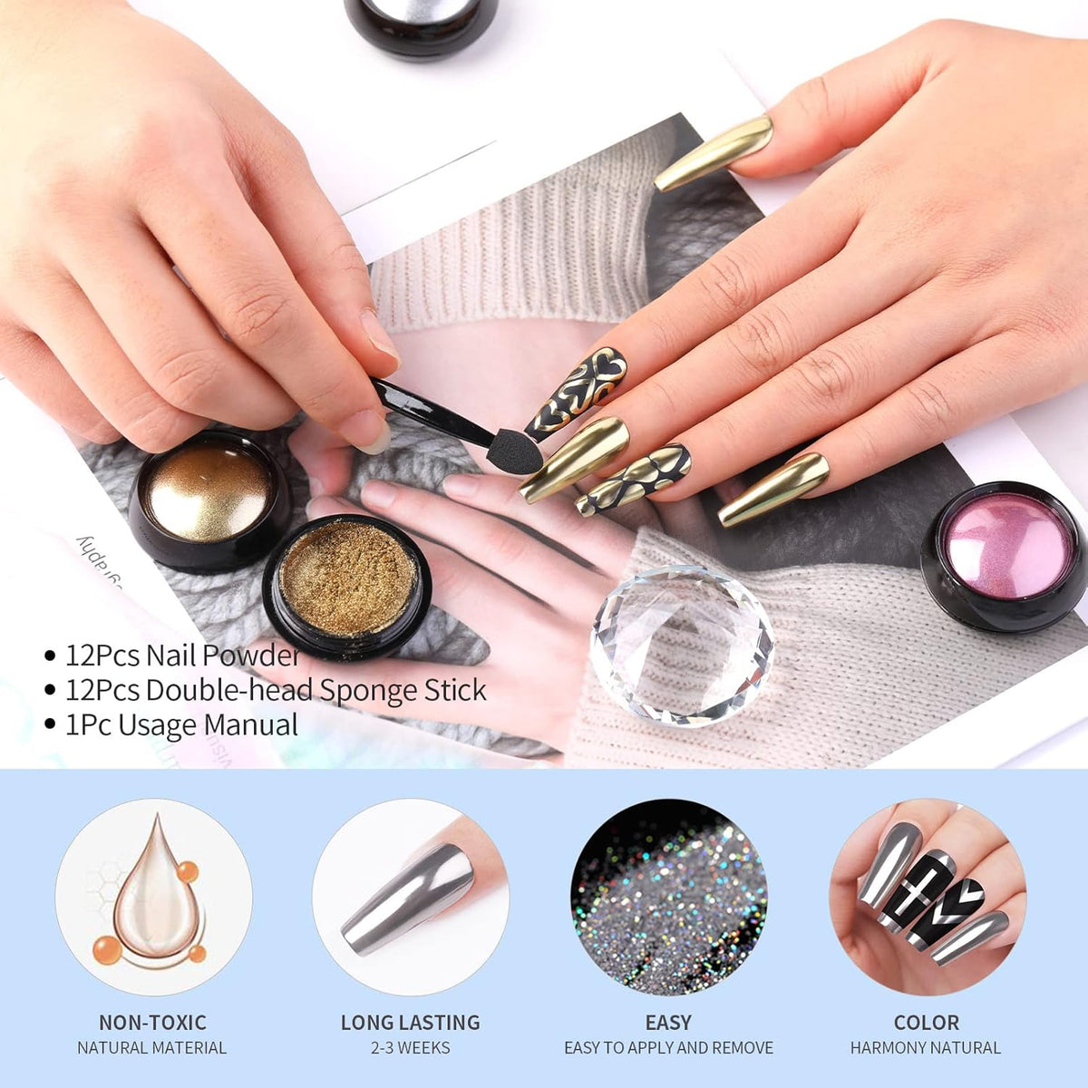 Born Pretty Mirror Chrome Nail Powder Set 12 Colors Metallic Mirror Effect Nail Powder Holographic Aurora Chameleon Pigment for Nail Art Gel Polish Mermaid Powder Decoration Sets