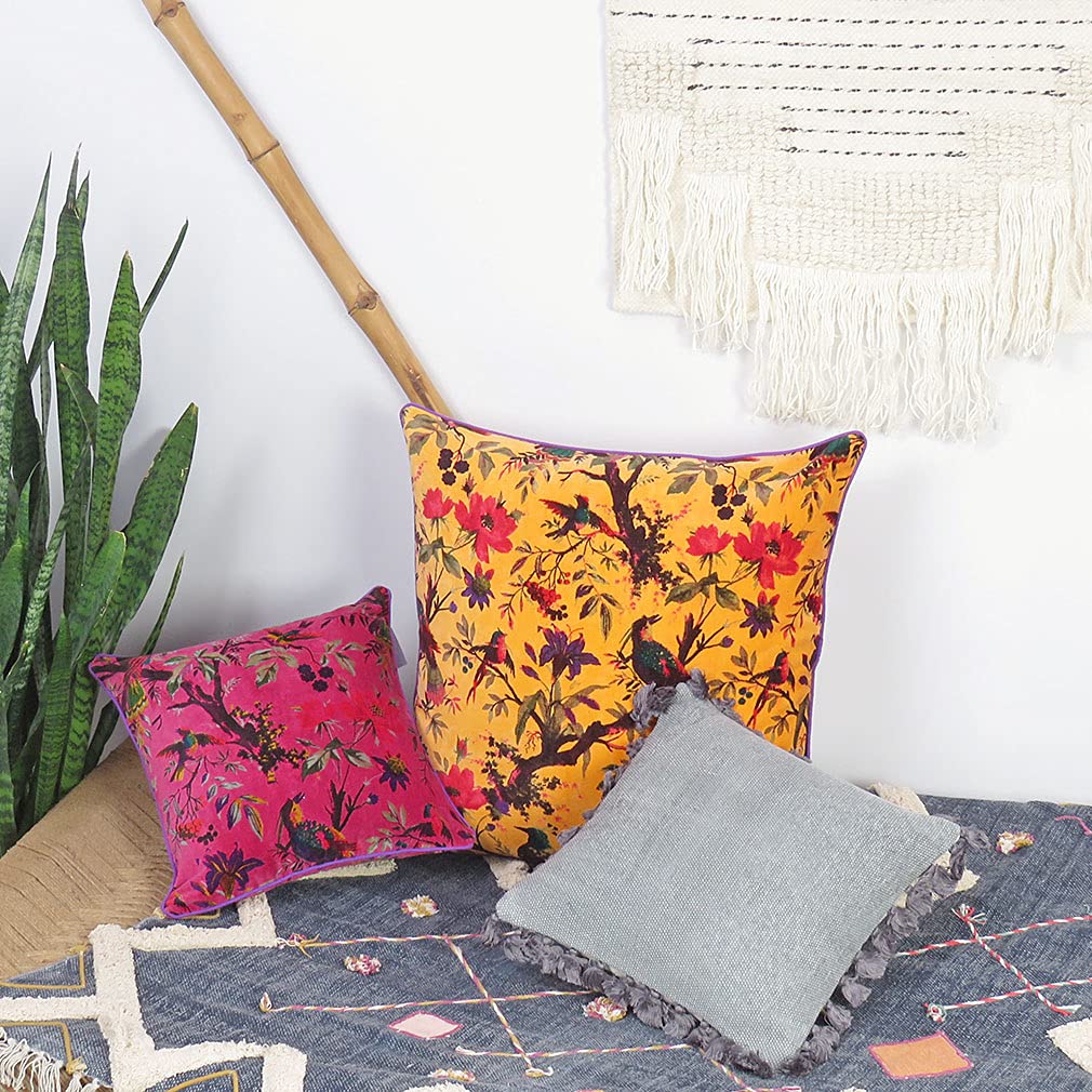 Eyes of India 20x20 inch Burgundy Red Velvet Floral Flower Bird Throw Pillow Sofa Cushion Cover Case Couch Colorful Boho Chic Bohemian Accent Indian Handmade Cover Only