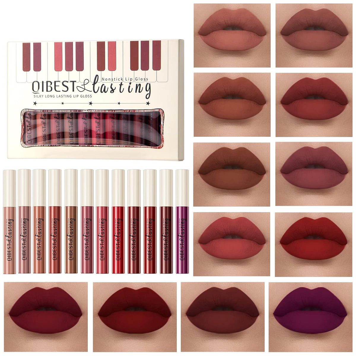 12Pcs Matte Liquid Lipstick Set for Girls & Women, 24 Hours Long Lasting Waterproof Nude & Dark Red Lip Gloss Makeup Kits, Velvet Non-Stick Cup Mate Duracion 24 Horas Originales Lip Stains (Set 03, 1)
