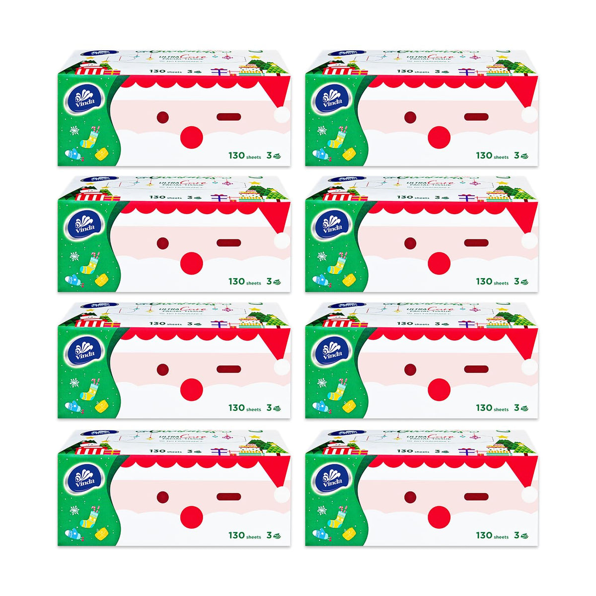 3-Ply Premium Soft Facial Tissues, Ultra Care for Sensitive Skin, 130 Tissues per Box, 8 Flat Boxes – Strong, Gentle & Ideal for Home or Office Use