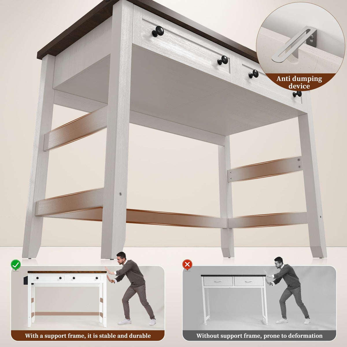 EnHomee 40" Small Desk for Bedroom, Computer Desk with Power Outlets for Home Office, Desks with Drawers and a Side Pocket, Brown+White