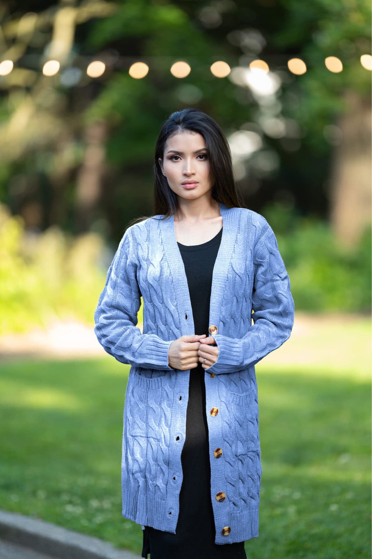 PRETTYGARDEN Long Sleeve Cable Knit Long Cardigan for Women 2025 Fall Winter Chunky Open Front Button Sweaters with Pockets (Sky Blue, X-Large)