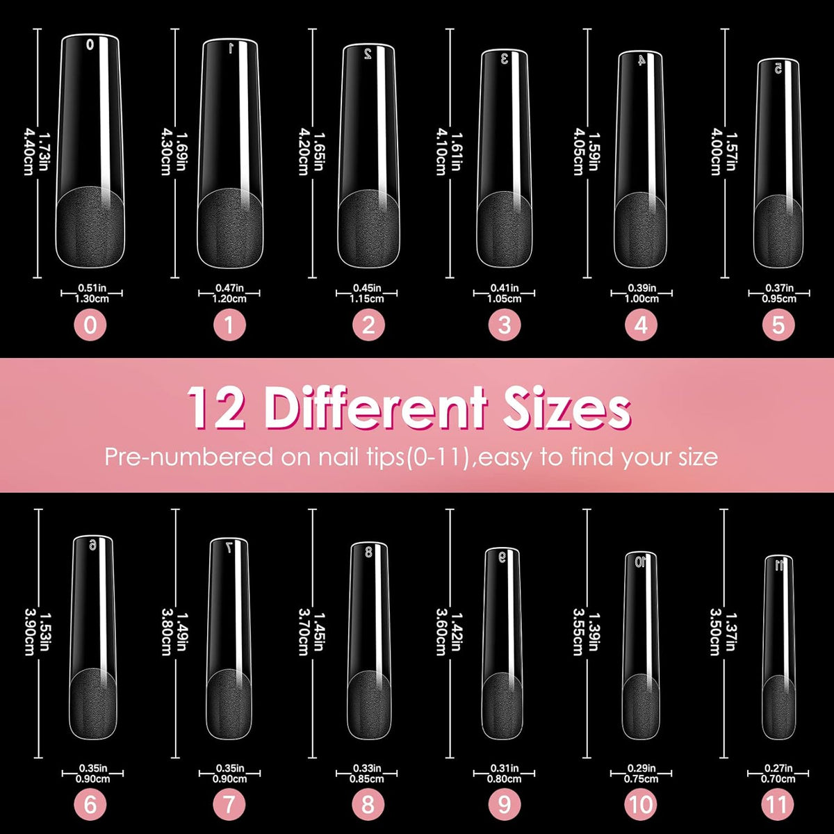 Ranrose Long Straight Nails Tips,240PCS Full Cover Soft Gel Nail Tips for Acrylic Nails Professional 12 Size Pre-shaped XXL Straight Shape False Nail Half Matte Fake Nail for Press On Nail Extensions