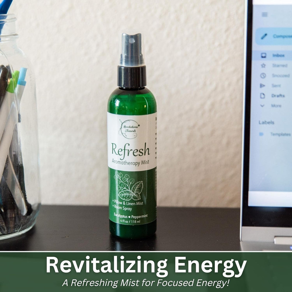 Refresh Aromatherapy Room Spray & Pillow Mist. Peppermint & Eucalyptus Essential Oil Spray, Linen Mist, Natural Car Air Freshener Bathroom Freshener & Closet Deodorizer by Brookethorne Naturals
