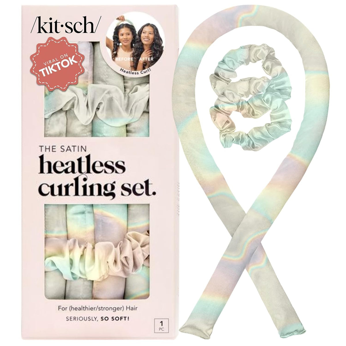 Kitsch Satin Heatless Hair Curler Set - Heatless Curls Overnight, Hair Rollers for Soft Curls & Frizz-Free Styling, No Heat Curlers To Sleep in, Curling Rod Headband with 2 Scrunchies - Aura