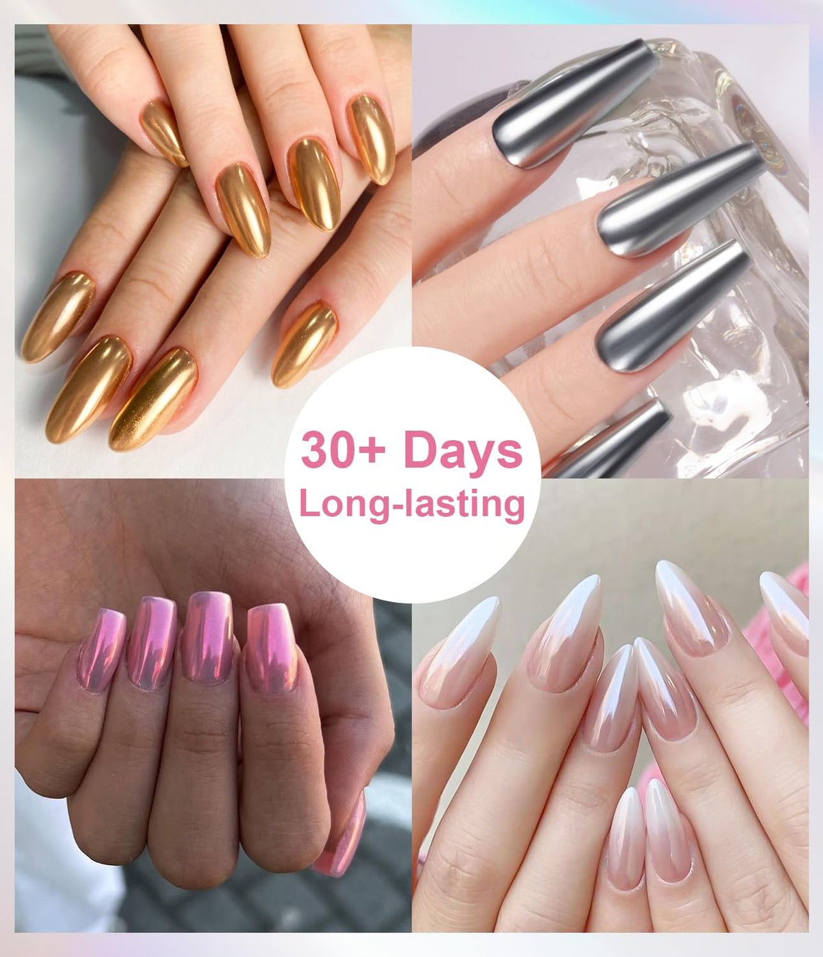 Gold Chrome Nail Powder 24K Mirror Effect BISHENGYF - Pink Gold Nail Chrome Powder Aurora Mermaid Mirror Effect Powder, White Pearl Iridescent Holographic Metallic Pigment Dust for Nail Art Decoration