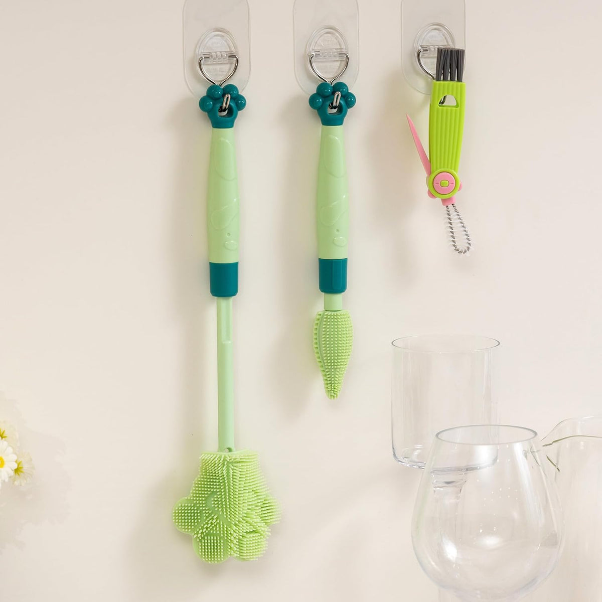 Adjustable Handle Length 10.5-13.8in Water Cup Cleaner Bottle Brush, Silicone Baby Bottle Brush, Pot Brush Cleaner, Green