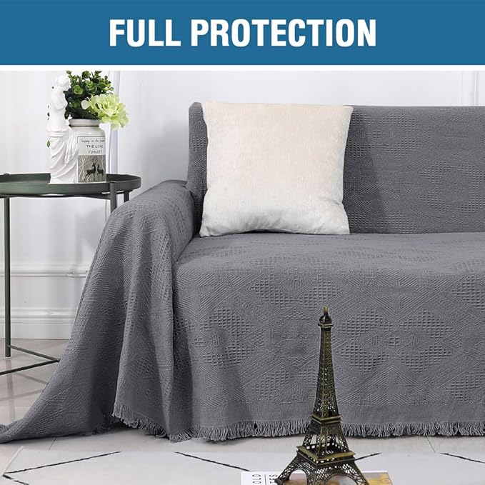 H.VERSAILTEX Cotton Sofa Covers Couch Cover Sofa Slipcover for Most Shape Sofas, Feature Thick Woven Jacquard Seamless with Tassels, Multi-Use Decorative for Couch (Large: 71" x 102", Grey)