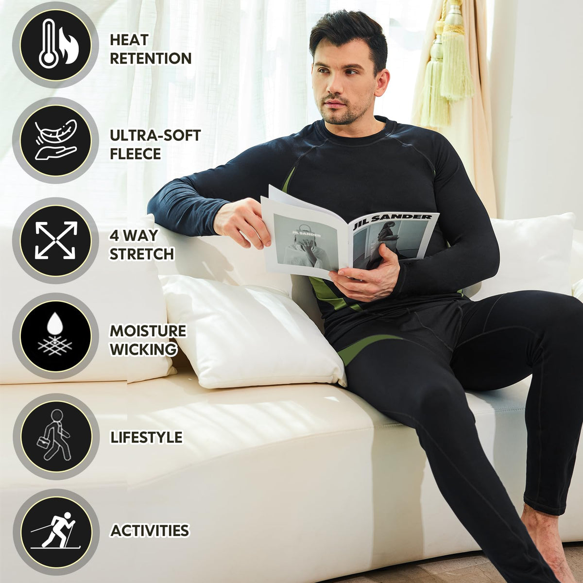 Mens Thermal Underwear Set- Long Johns for Men Base Layer Winter Hunting Gear for Cold Weather A-Black