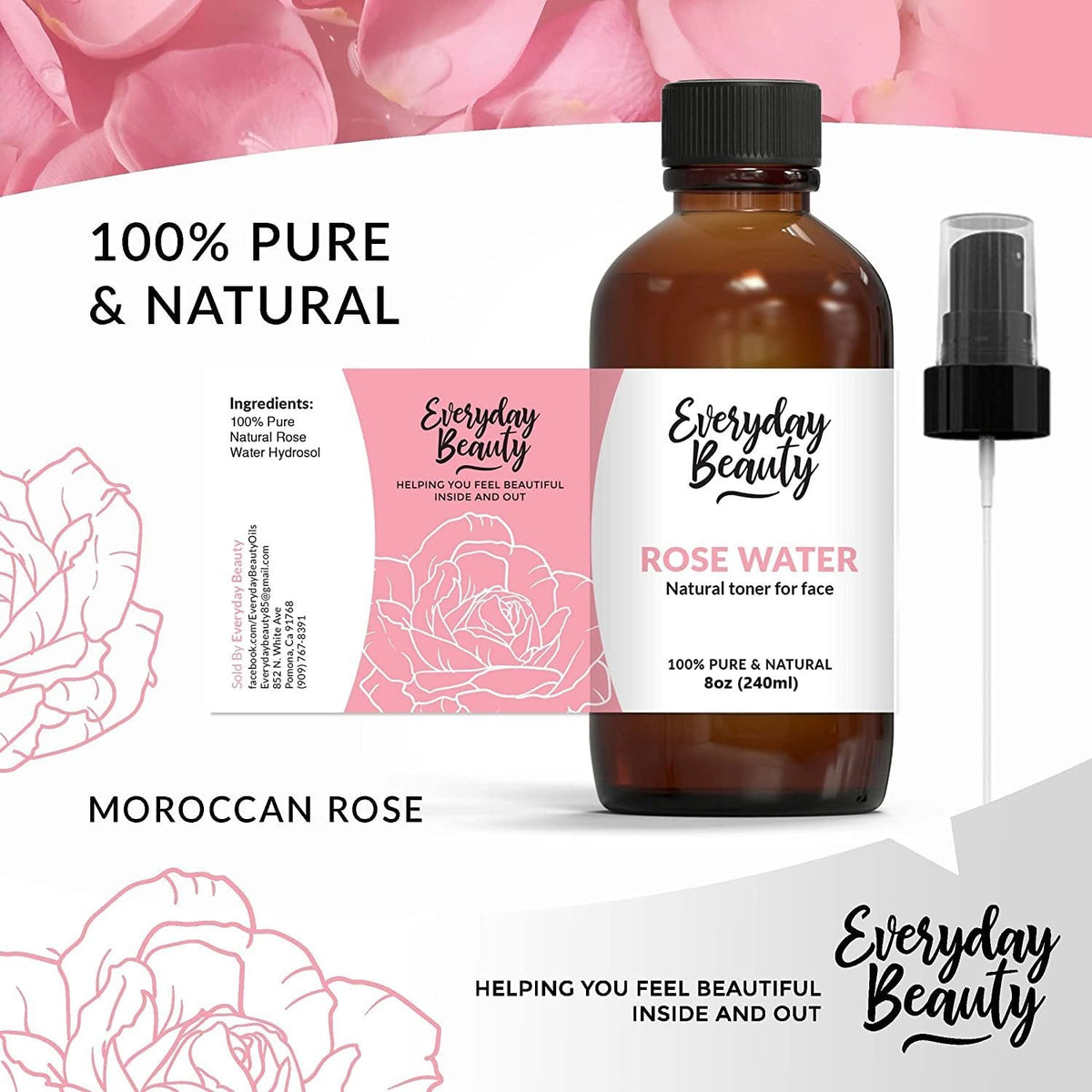 Rose Water Facial Toner - Alcohol-Free Vegan All Natural Refreshing Spray Mist for Face and Hair - Uplifts, Calming & Soothing for All Skin Types 8oz with Fine Mist Cap