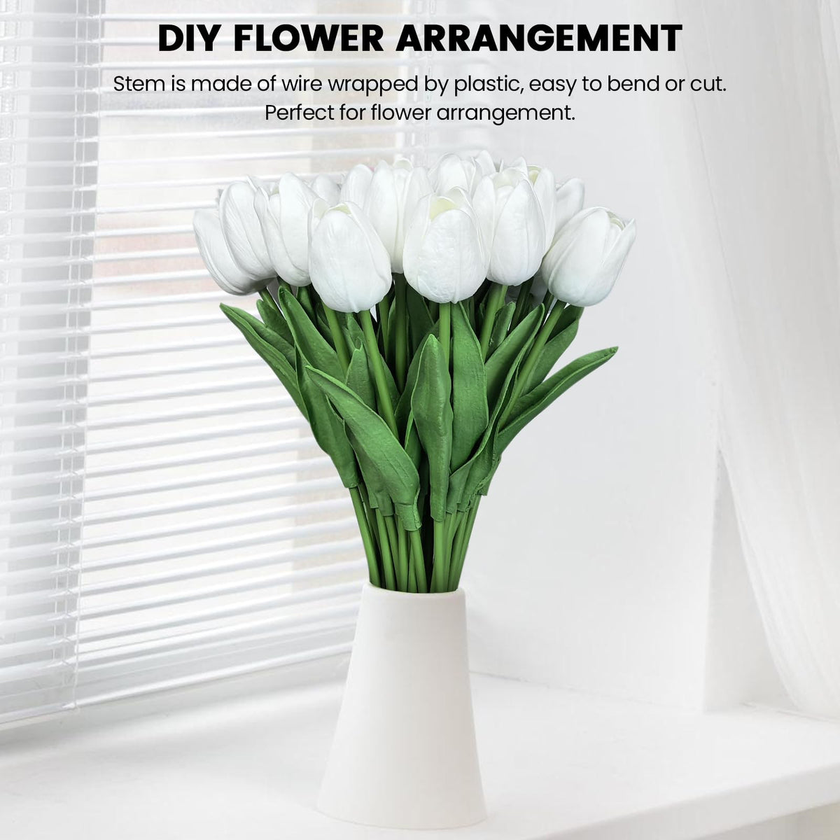 Subacy 30 PCS Artificial Tulips 13.5inch Long Fake Flowers Real Touch Tulips Silk Flowers for Spring Easter Mother's Day Decorations (White)