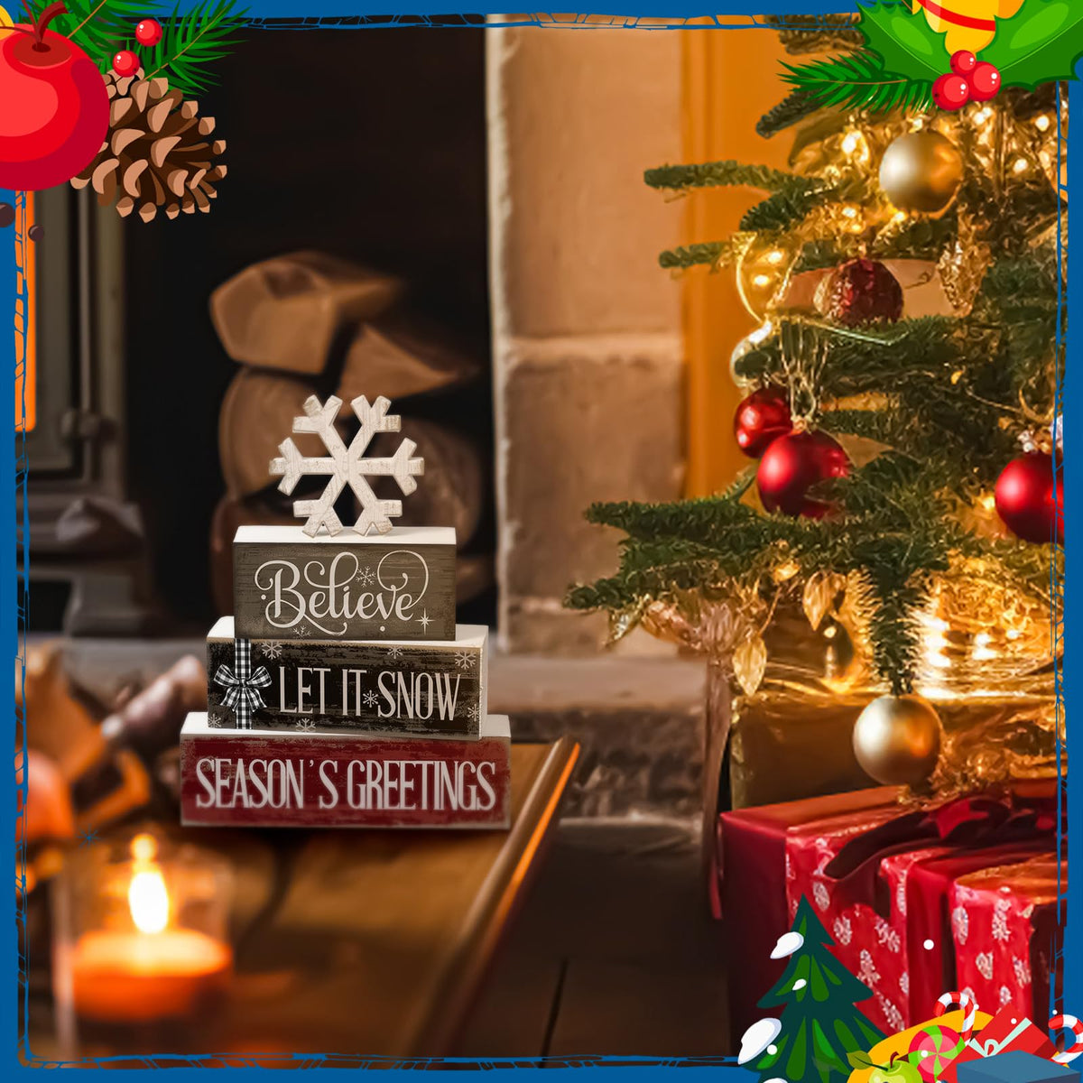 Moucuny 4 Pcs Winter Decorations for Home Reversible Christmas Winter Table Sign Wooden Snowflake Decoration Double Side Christmas Tiered Tray Decor Holiday Table Centerpiece for Xmas Home Decor
