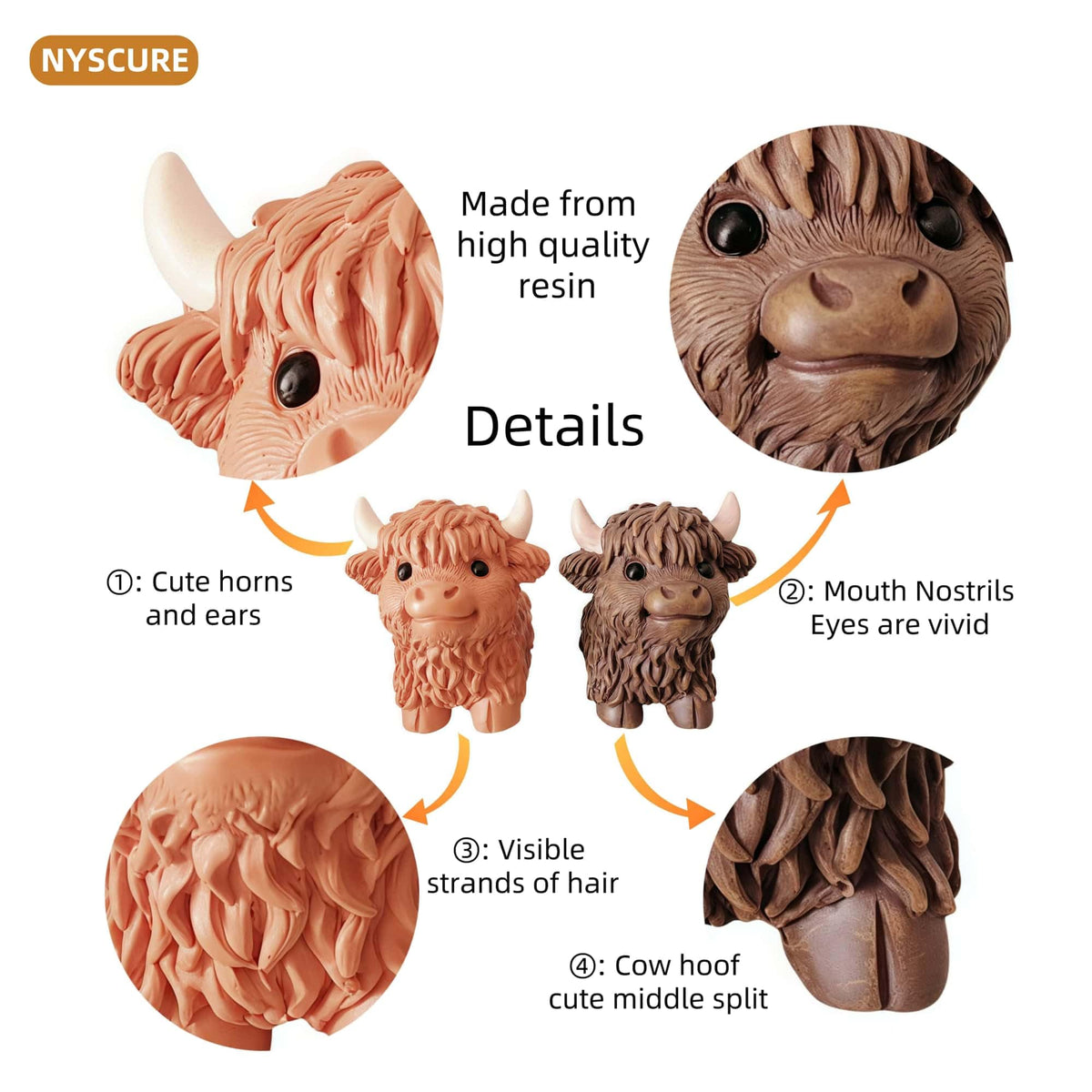 NYSCURE Set of 2 Small Resin Highland Cows Statues Home Decor Scottish Modern Style Figurine Calf Gifts for Lovers, Decorative Ornaments for Livingroom, Bedroom, Bookshelf, Cabinets, Office Desktop