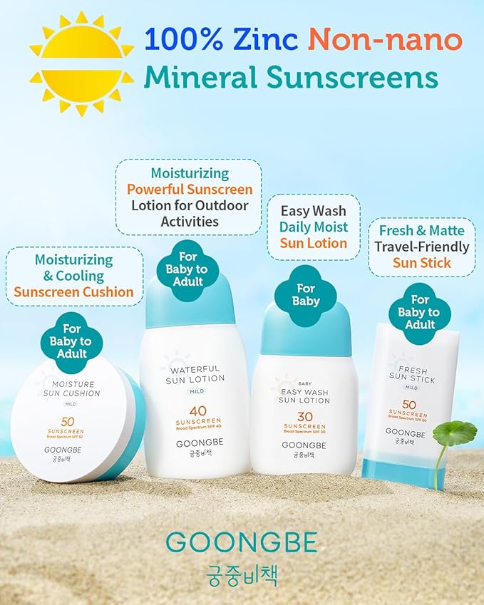 GOONGBE Sun Lotion SPF 40 & Moisture Sun Cushion SPF 50-100% Zinc Oxide Mineral Sunscreen - Vegan Reef-Safe for Babies Kids Adults - Korean Skincare, 2.82oz & Cushion 0.81oz