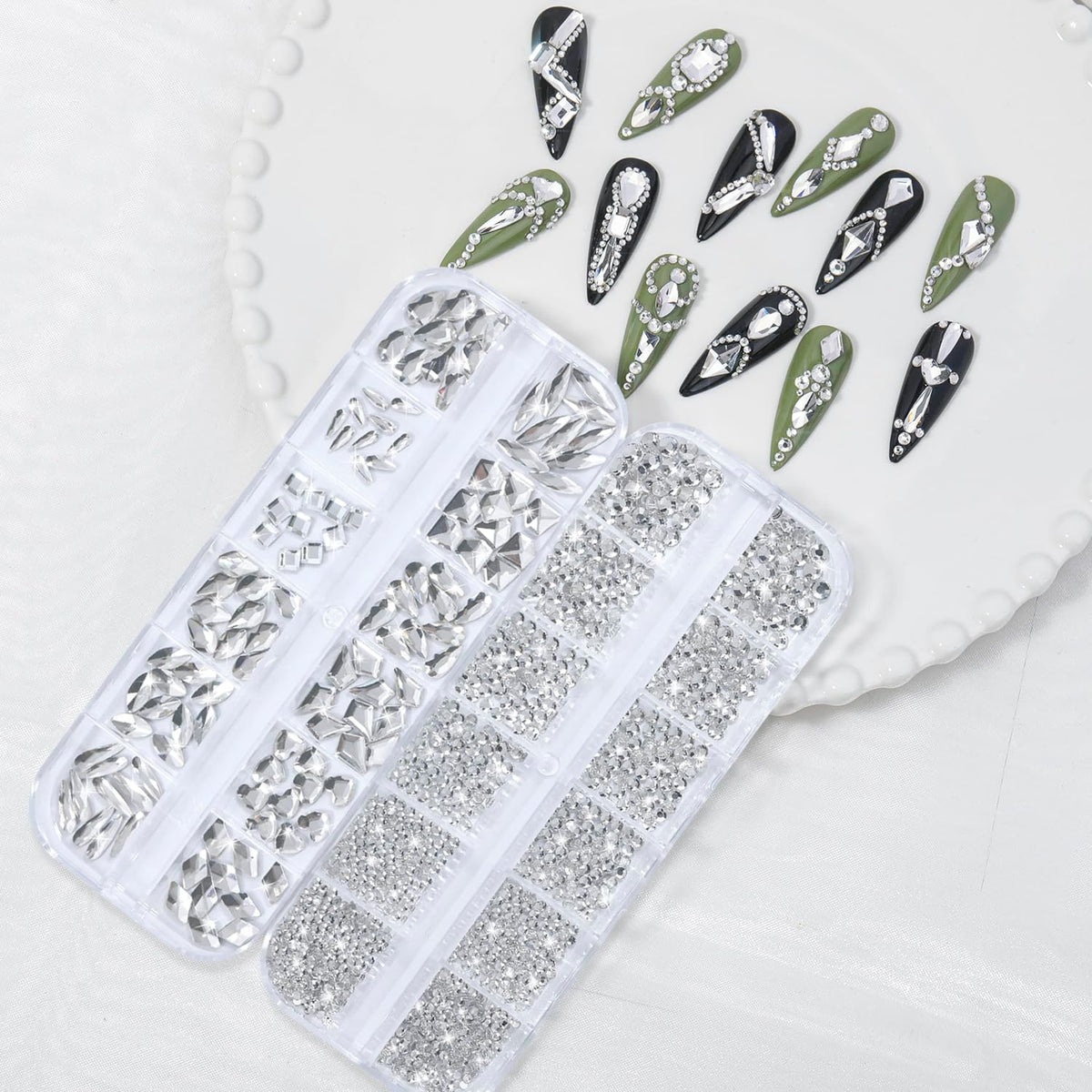 Nail Rhinestones - 3D Multi Shape Size, Flat Back, Manicure Rhinestones Charms, Crystals White Gems, with Kit, for Nail Art, Bedazzling Acrylic Nails, DIY Decor