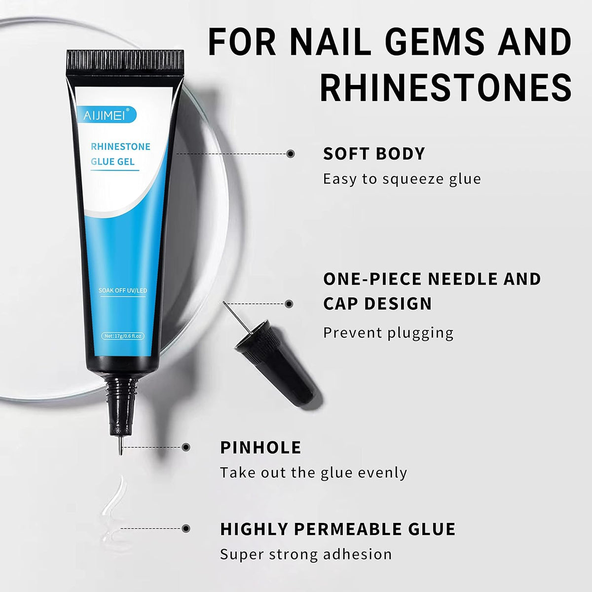 Needle Nail Rhinestone Glue Gel Needle Rhinestones Gel for Nail Charms Jewels Gems Diamonds Glue Gel x for Nails DIY Art Salon