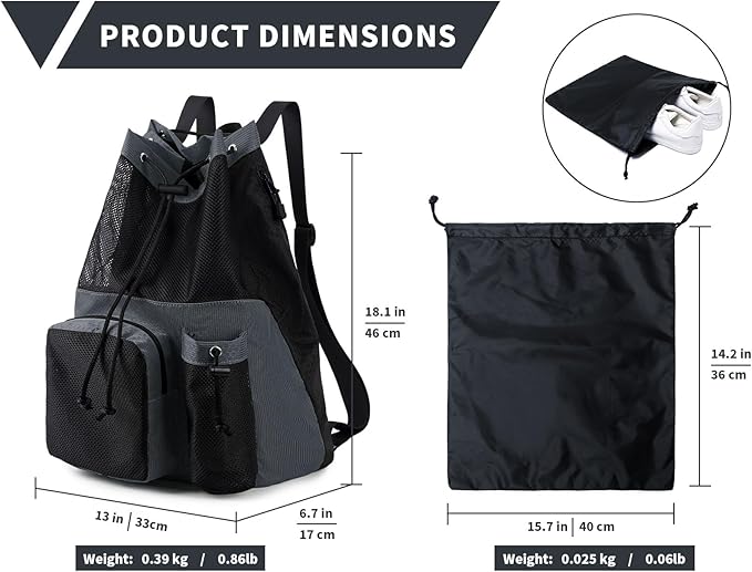 Lohol Large Mesh Drawstring Backpack with Shoe Bag, Durable Swimming String Sack with Handle for Sports Gym Yoga Beach Travel