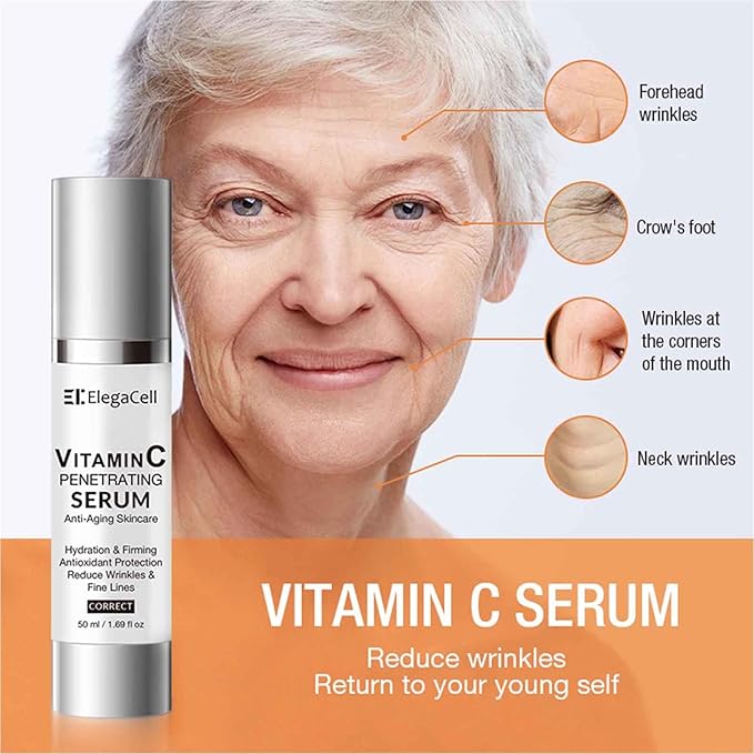 ElegaCell Vitamin C Serum for Women Over 70 - Advanced Anti-Aging Vitamin C Face Super Serum for Mature Skin 1.69 fl oz pack of 1