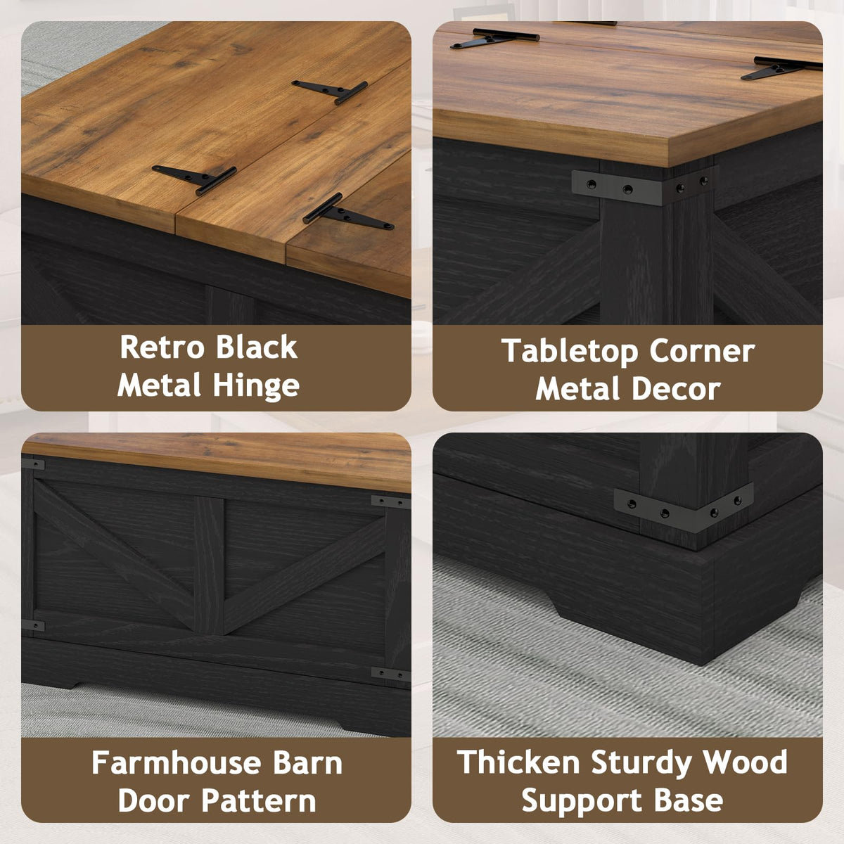 REVOMINCA Farmhouse Coffee Table with Hidden Storage Compartment, Black Square Coffee Table for Living Room, Wood Center Table with Hinged Lifting Tabletop for Home