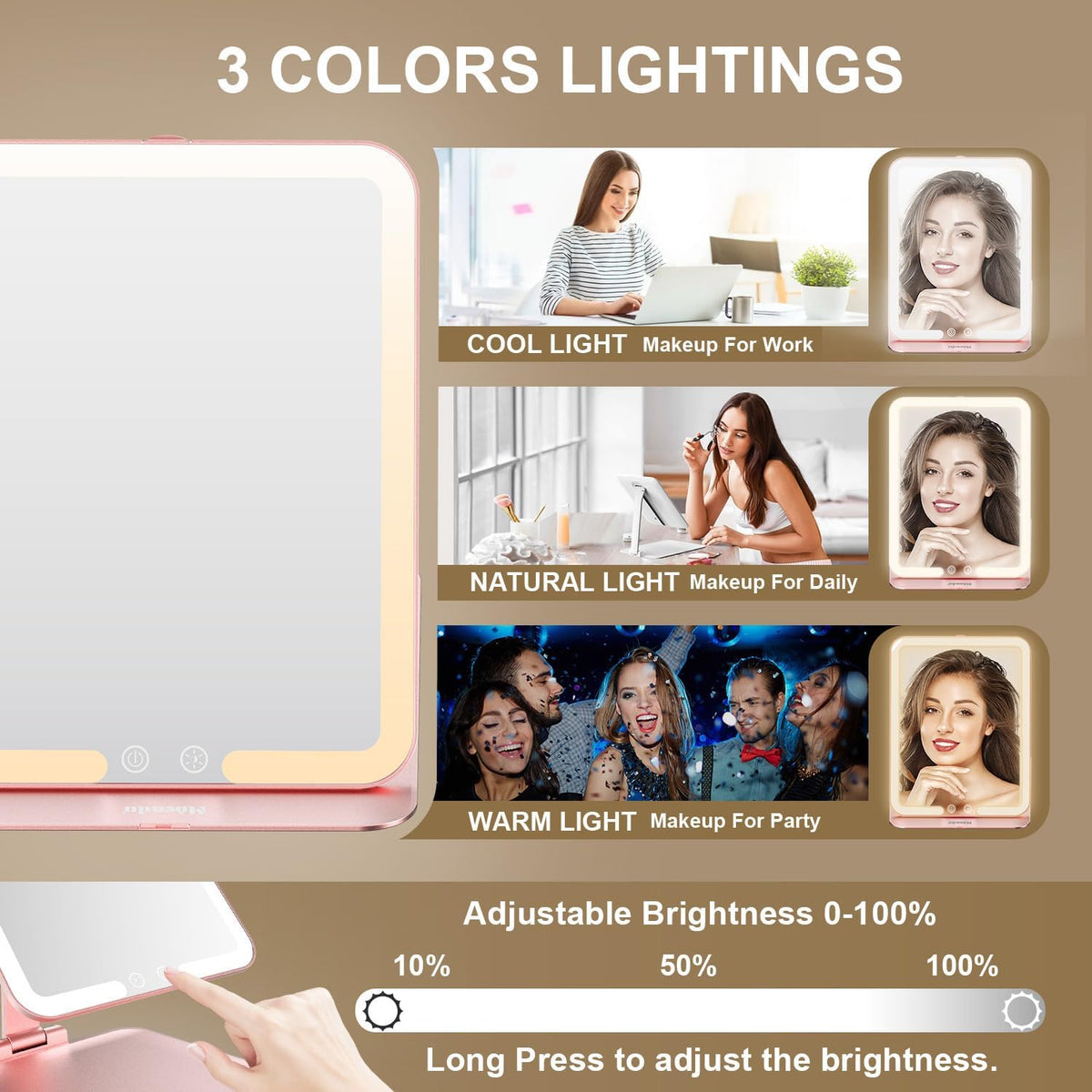 Mocado Travel Makeup Mirror with Light - 7x5 Inches Tripple Folding Travel Mirror with Light, 3 Colors Lighted Makeup Mirror, Portable Makeup Mirror, Freely Adjust Height and Angle(Rose Gold)