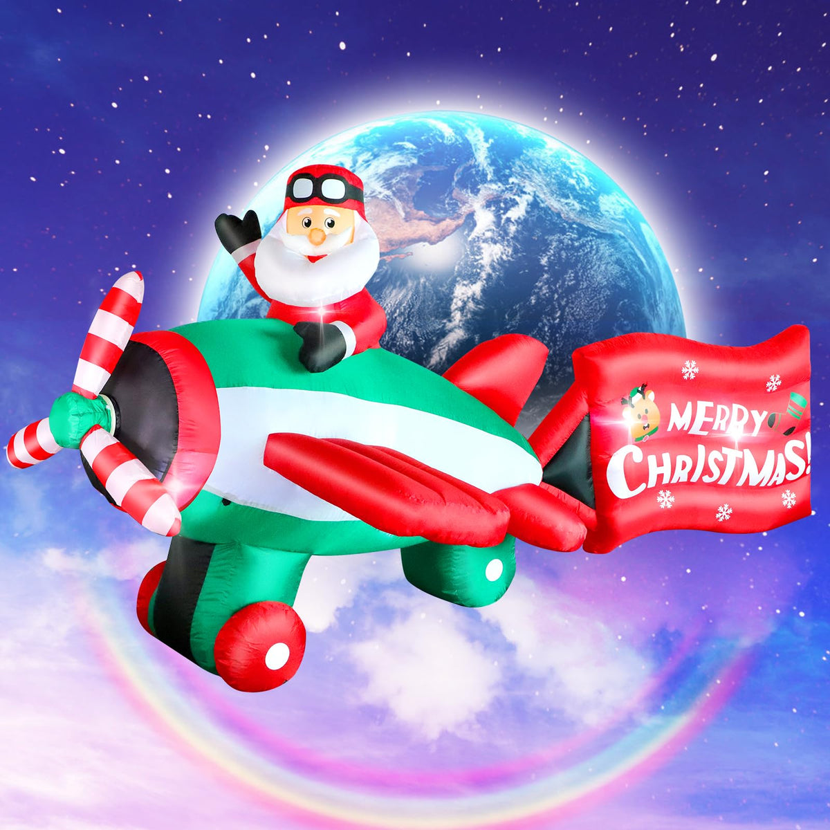 Omdekor 10.5 FT Christmas Inflatables Santa Claus on Animated Helicopter, Giant Blow Up Santa Flying Airplane, Built-in Light Inflatable Outdoor Decoration for Xmas Yard Holiday Party Garden Lawn