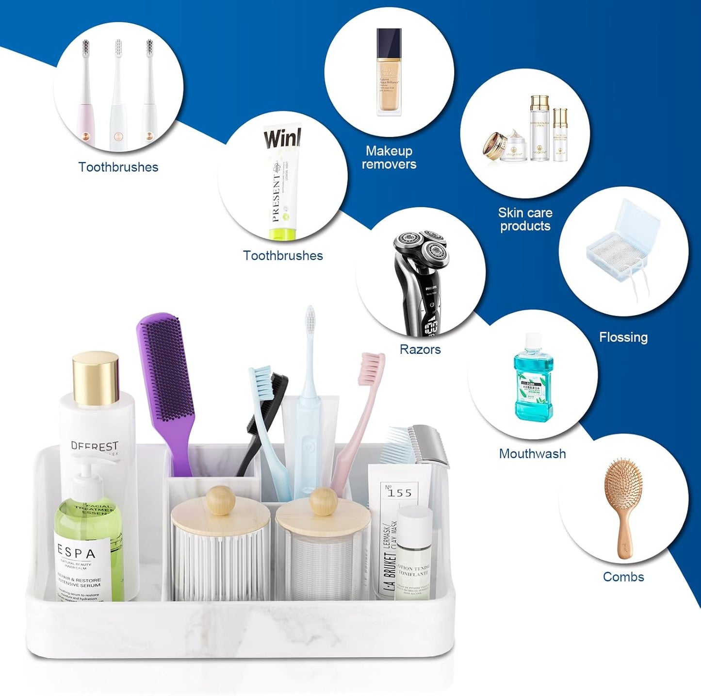 Marble Bathroom Countertop Organizer - Silicone Bathroom Vanity Countertop Organizer - Tooth Brush Organizer With 2PCS Qtip Holder Dispenser - Toothpaste Holder Drainage - Bathroom Essentials