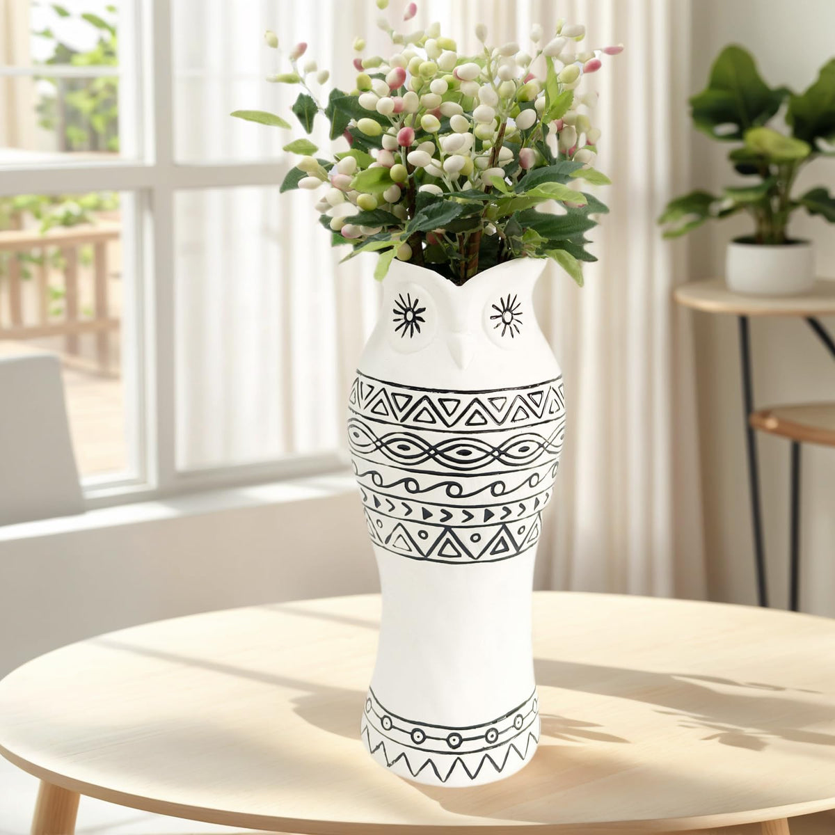 Handcrafted Owl Ceramic Flower Vase - Nordic Boho Farmhouse Centerpiece Owl Decor for Coffee Table& Shelf Living Room Decorative with Pampas Grass