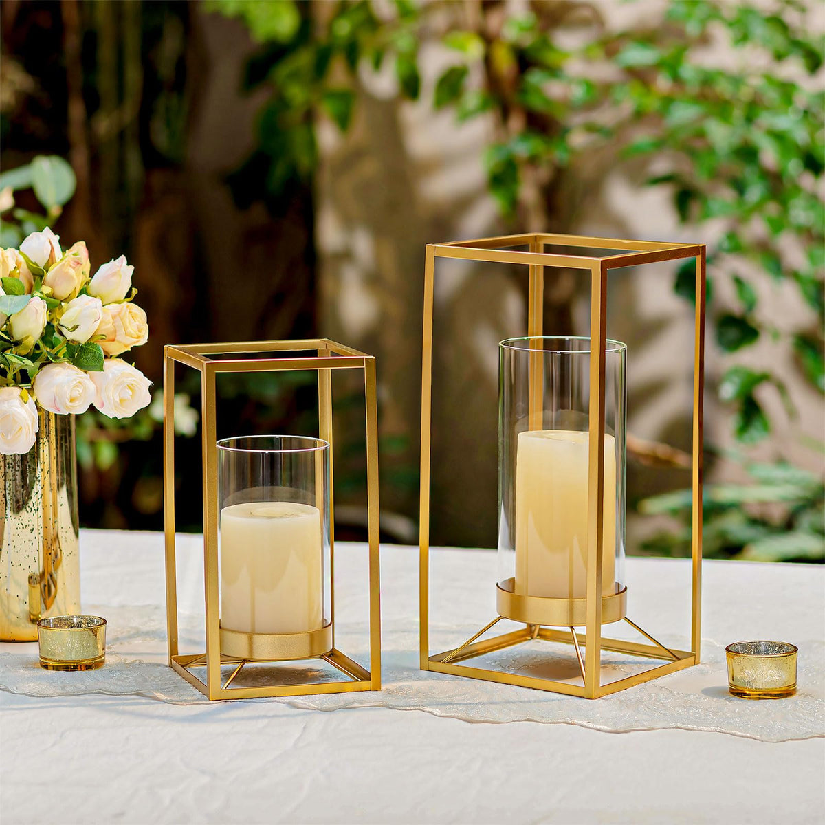 Staymoment Gold Metal Lantern Decorative Set of 2 with Hurricane Glass: Indoor Modern Farmhouse Candle Holder for Table Centerpiece Fireplace Mantles Shelf, 12" & 9"