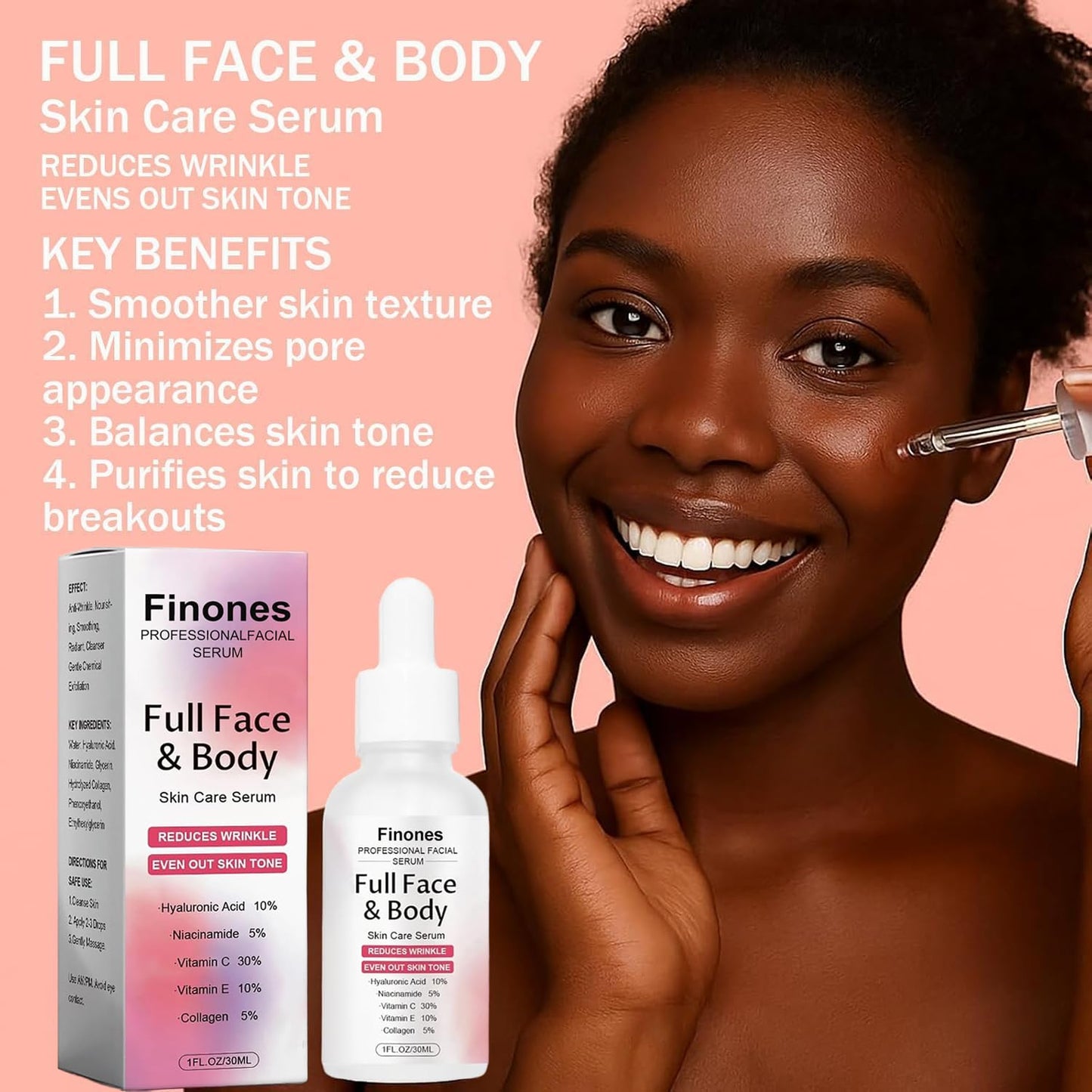 Skin Vitamin Serum, Finones Full Face and Body Serum, 5 in 1 Anti Wrinkle Firming Suero, Anti-Aging Essence, Lifting Firming Essence, Hydrate Moisturize, Reduce Fine Lines